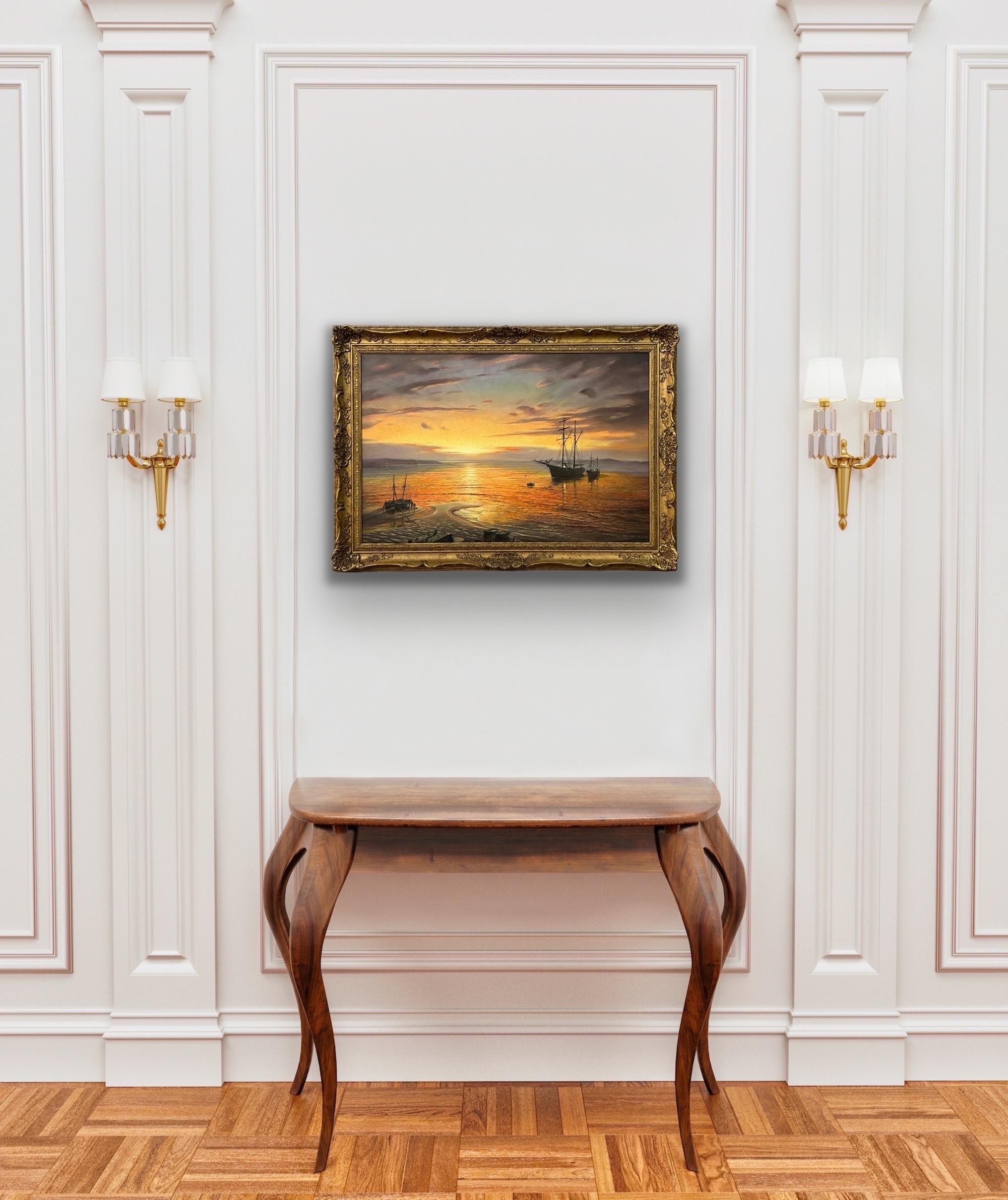 Pittura a olio di navi nella baia al tramonto di un artista britannico del 20° secolo - Painting Realismo di Victor Elford