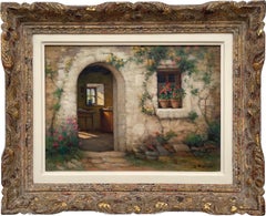 Early 20th Century Oil of French Stone Building entitled Interieur et Exteriuer