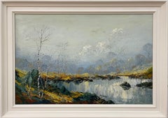 Vintage Oil Painting of River Bank with Silver Birch Trees and Misty Hills & Mountains
