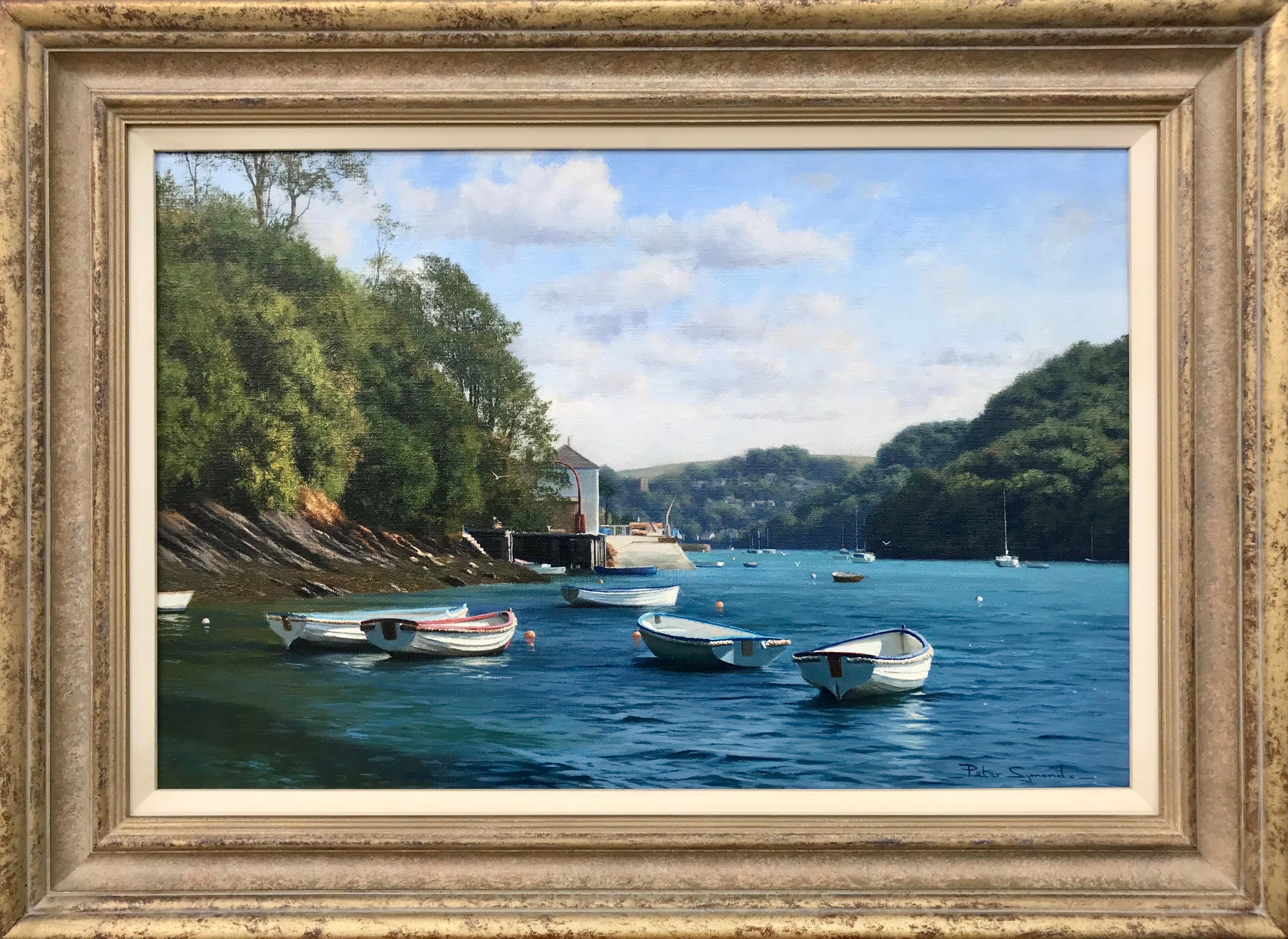 Peinture à l'huile de bateaux sur la rivière Yealm Devon, Angleterre, par un artiste paysagiste britannique
