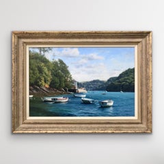 Pintura al óleo de Barcos en el río Yealm Devon Inglaterra por Paisajista Británico