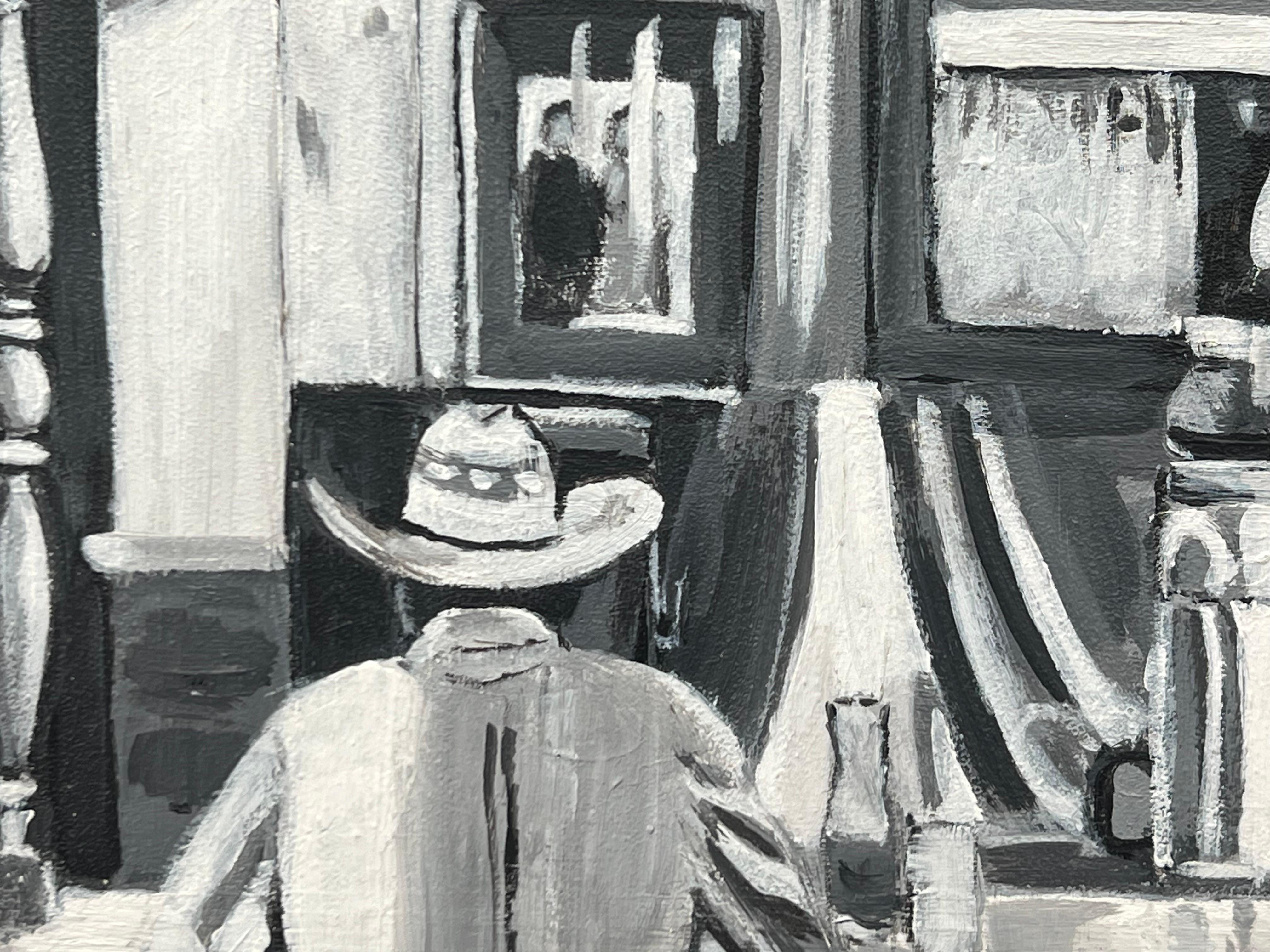 American Cowboy Diner Painting by British Contemporary Artist in Black & White 9