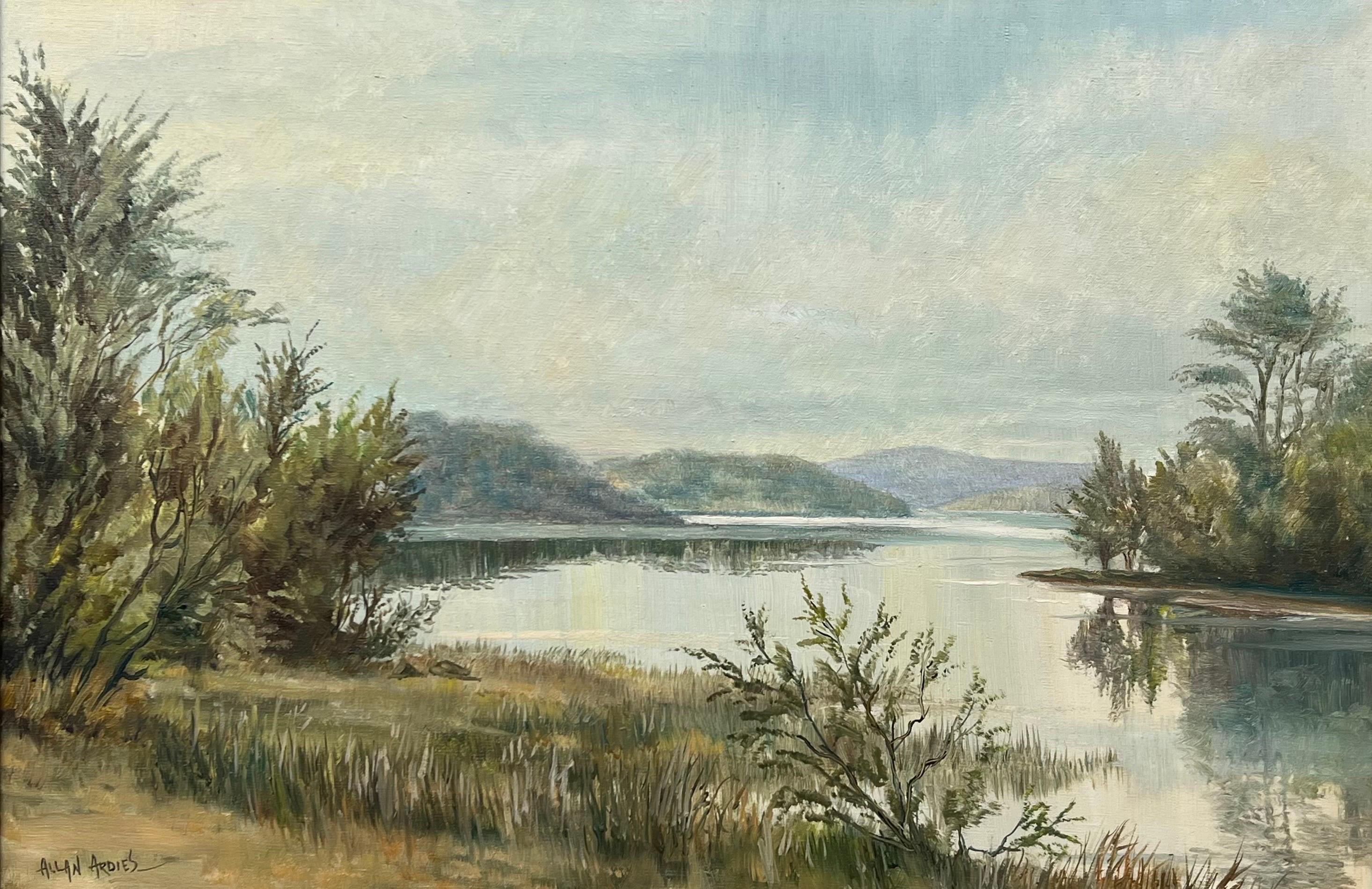 Peinture à l'huile d'un paysage de lac de rivière bordé d'arbres dans la campagne irlandaise  en vente 6