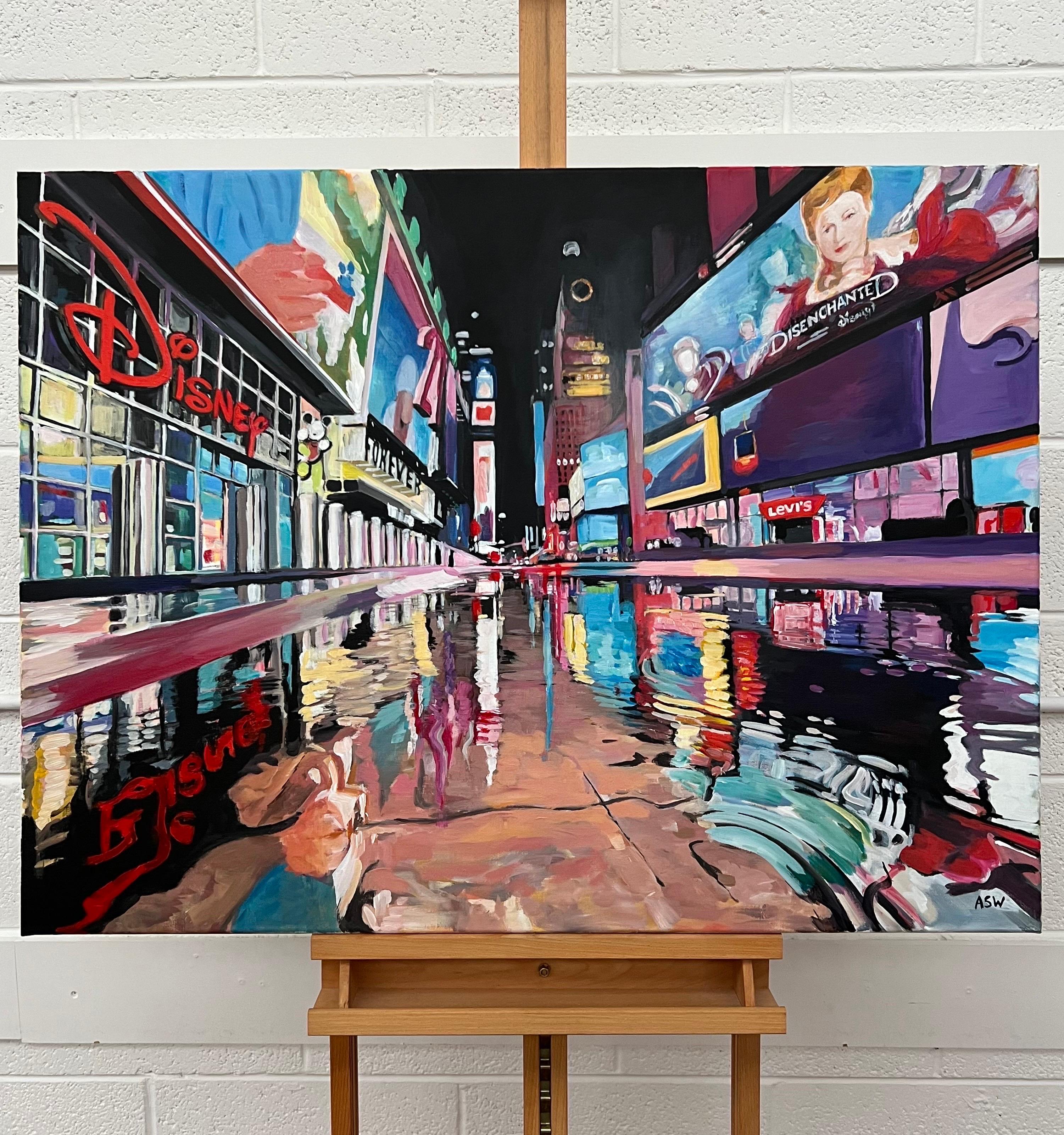 Times Square New York City Reflections after the Rain II by British Urban Artist - Contemporary Painting by Angela Wakefield