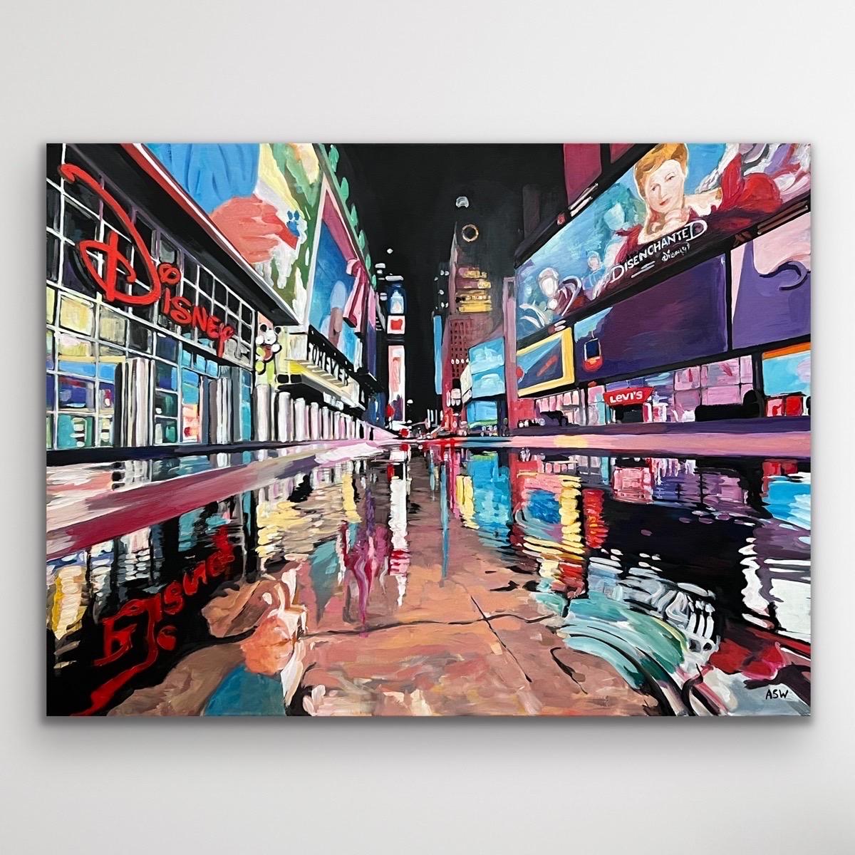 Times Square New York City Reflections d'après la pluie II d'un artiste urbain britannique - Painting de Angela Wakefield