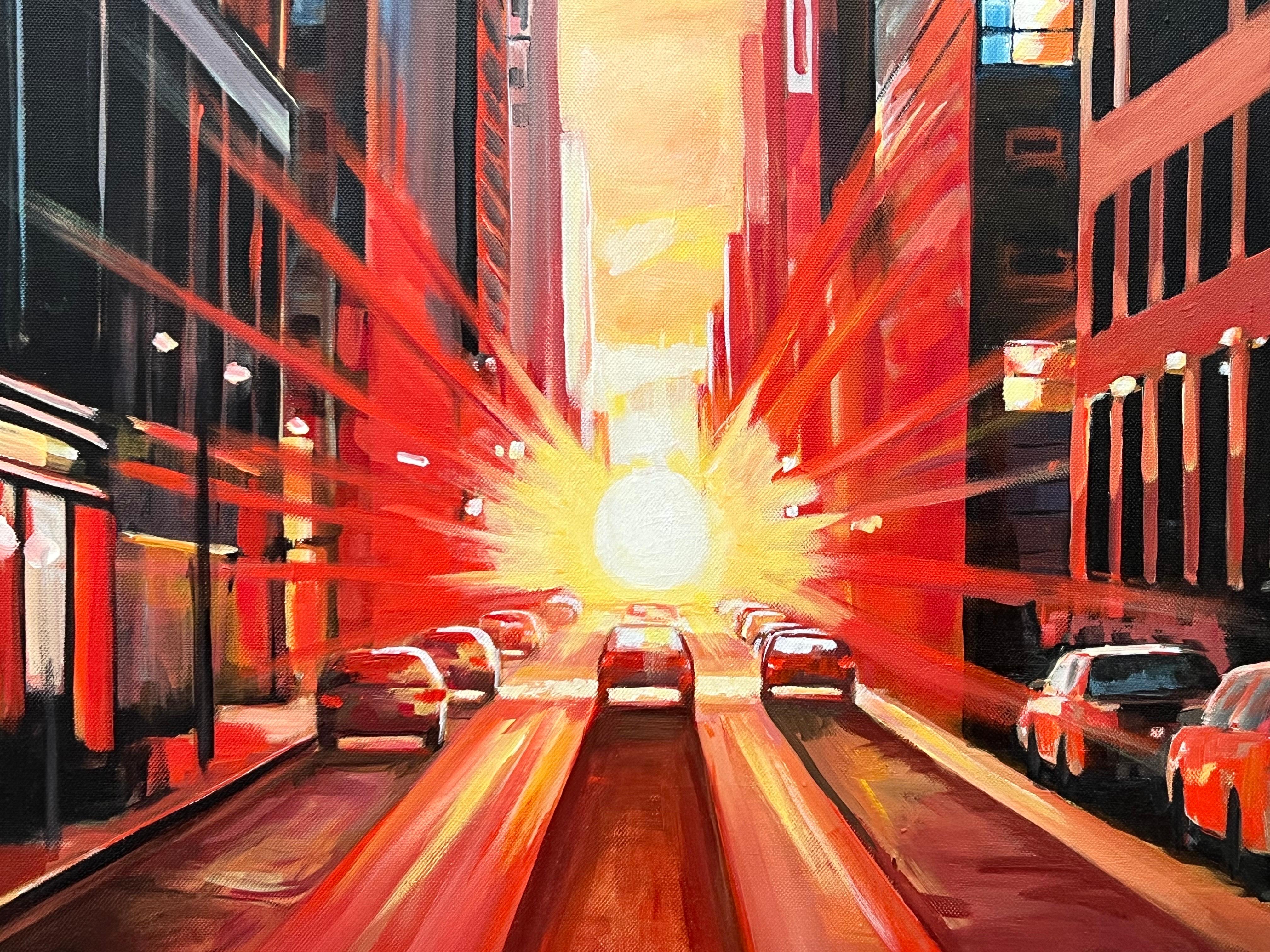 Manhattan Henge New York City Dramatic Sunset by British Urban Landscape Artist For Sale 2