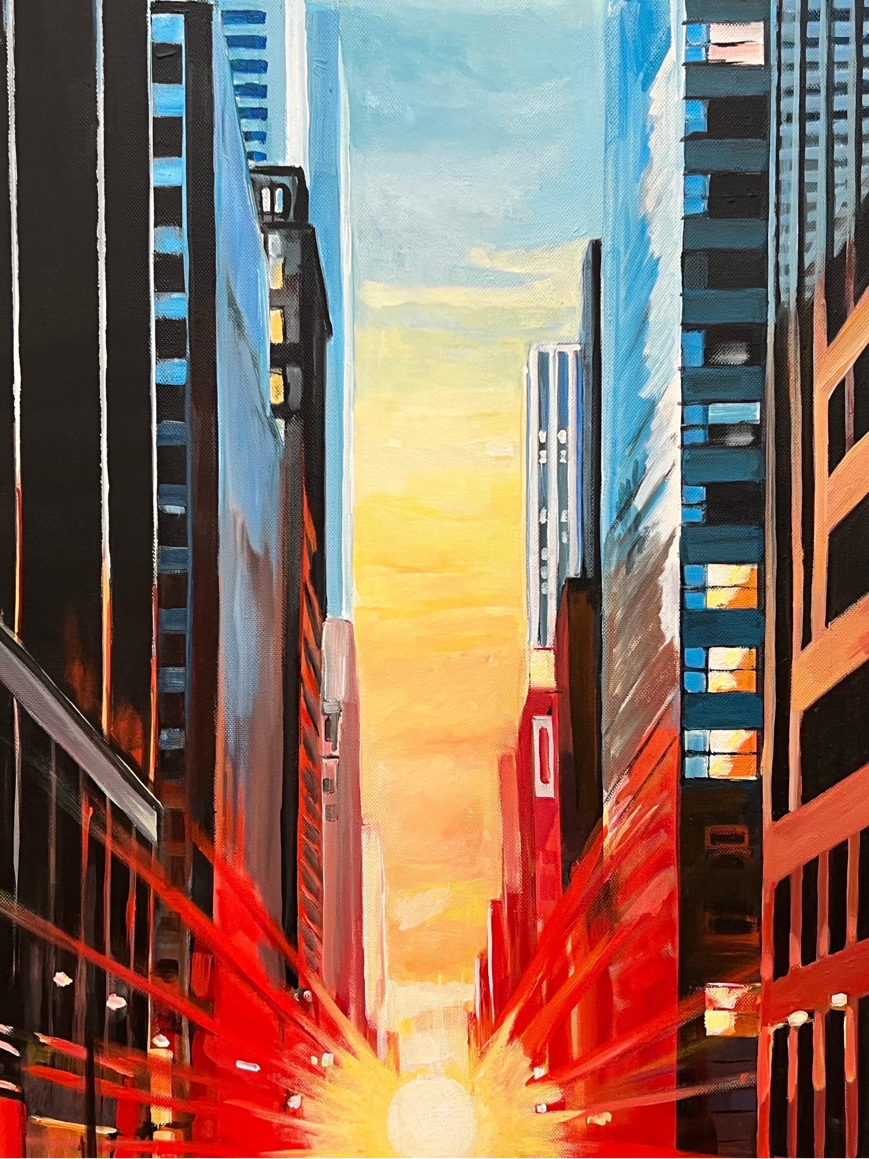 Manhattan Henge New York City Dramatic Sunset by British Urban Landscape Artist For Sale 3