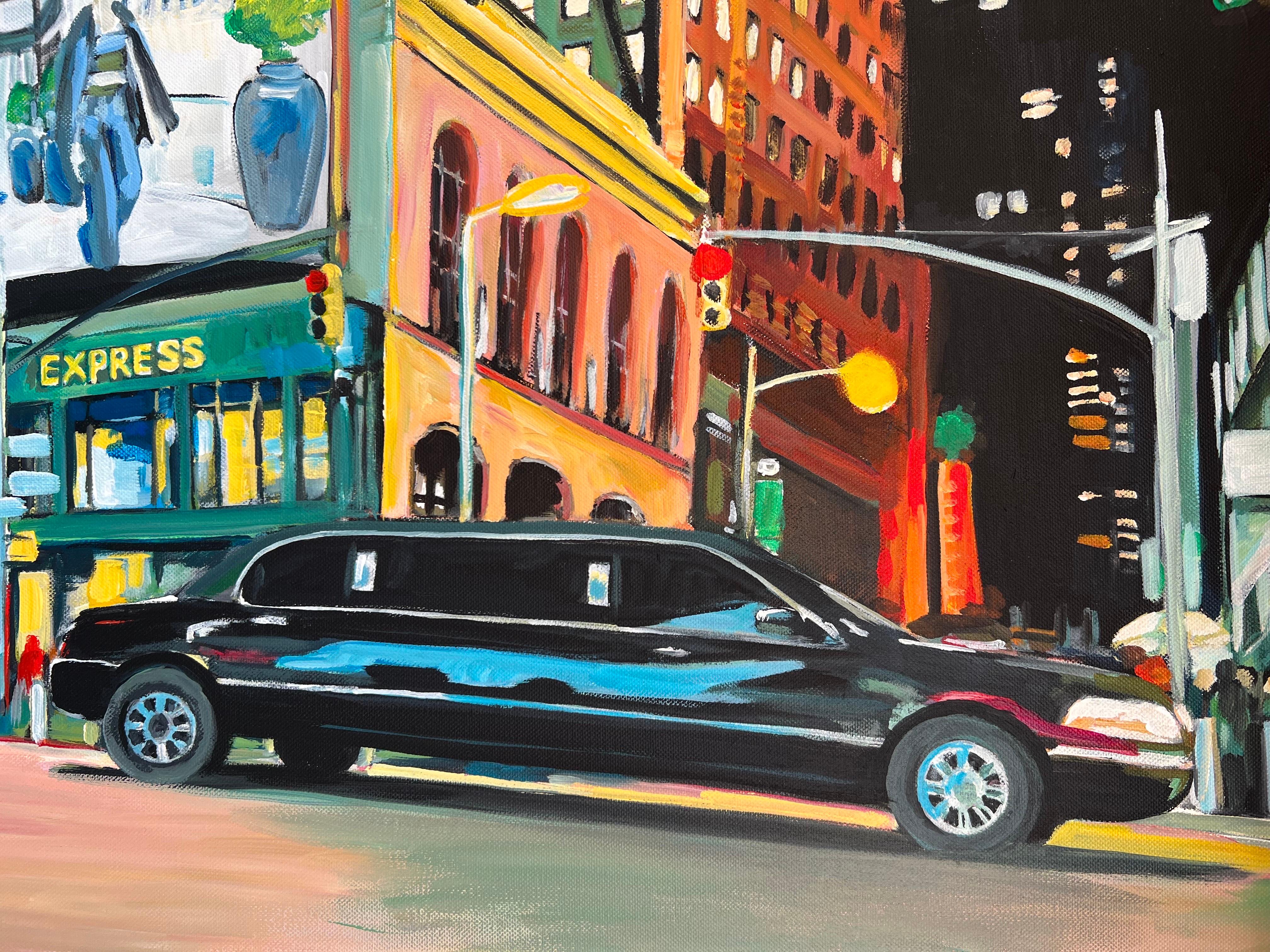 New York City Panoramic Street Scene with Limousine and Neon Lights in the Rain For Sale 9