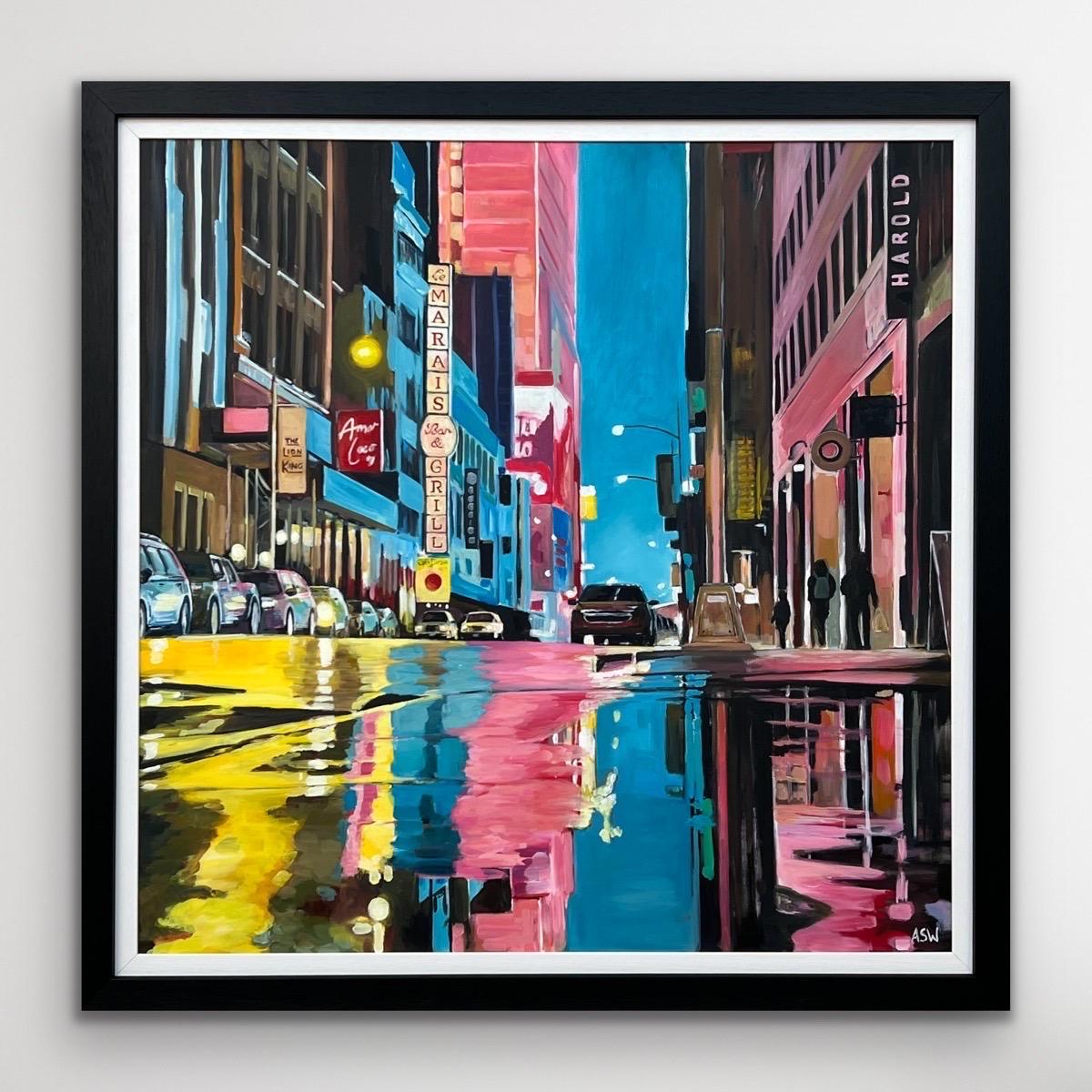 Quadro di una strada di New York dopo la pioggia con figure, auto dell'artista britannico - Painting Contemporaneo di Angela Wakefield