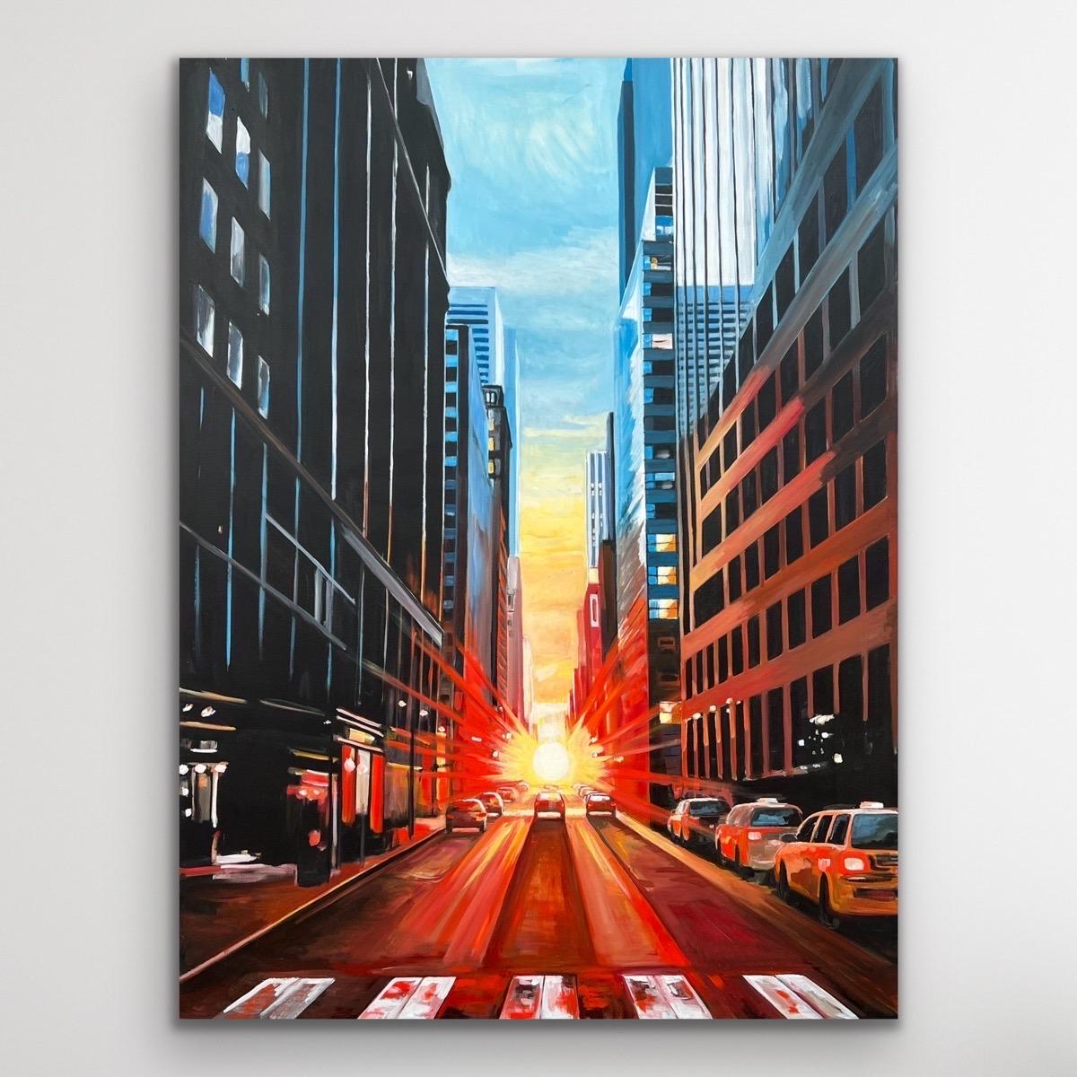 Manhattan Henge New York City Dramatic Sunset by British Urban Landscape Artist For Sale 13