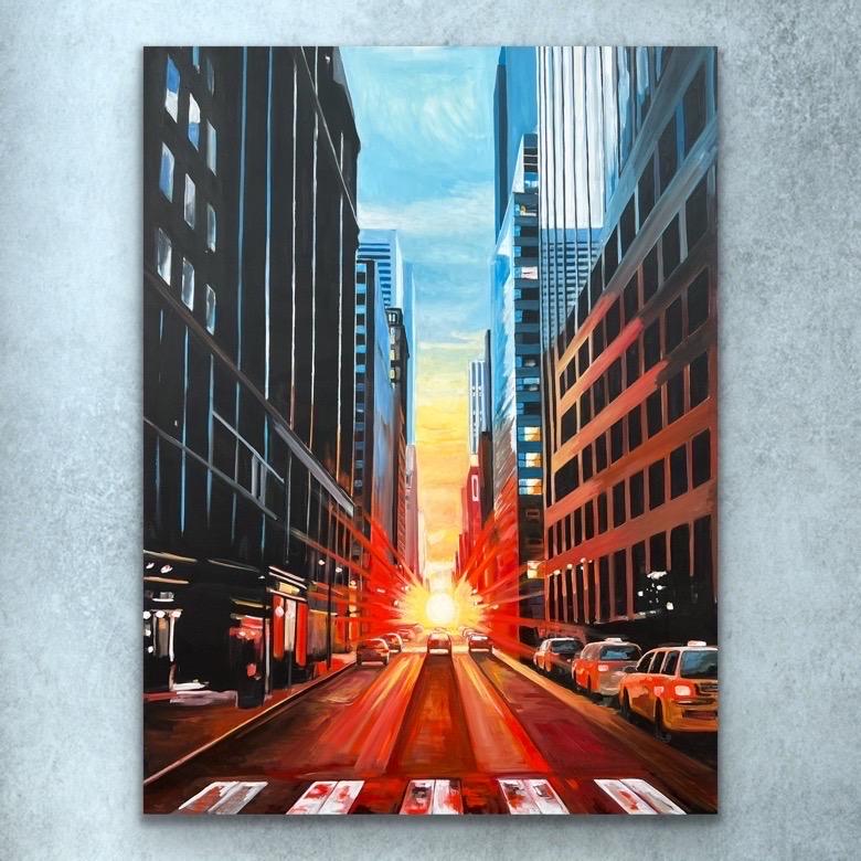 Manhattan Henge New York City Dramatic Sunset by British Urban Landscape Artist For Sale 15
