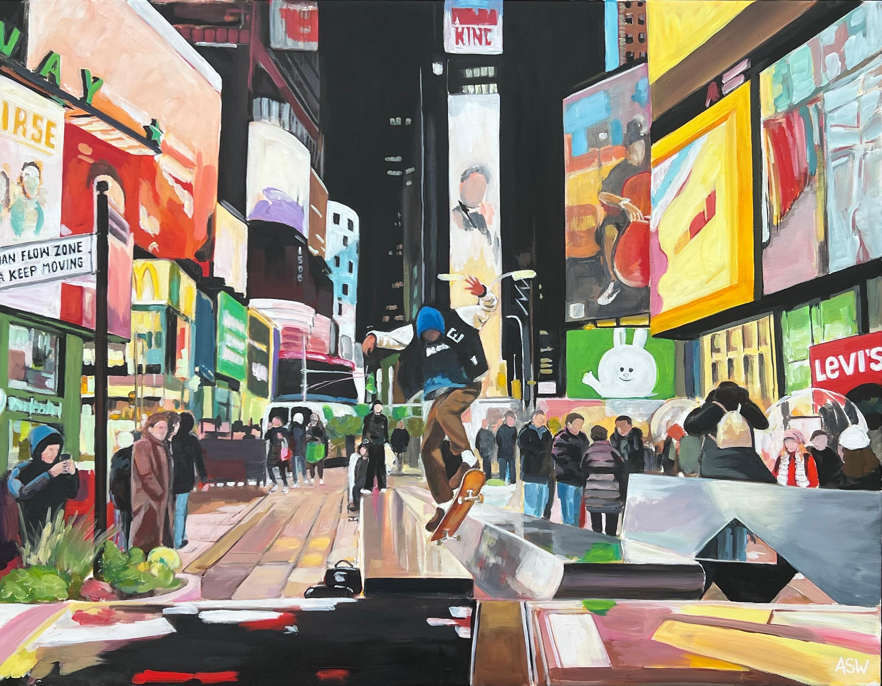 Skate Boarder Times Square New York City after the Rain by British Urban Artist