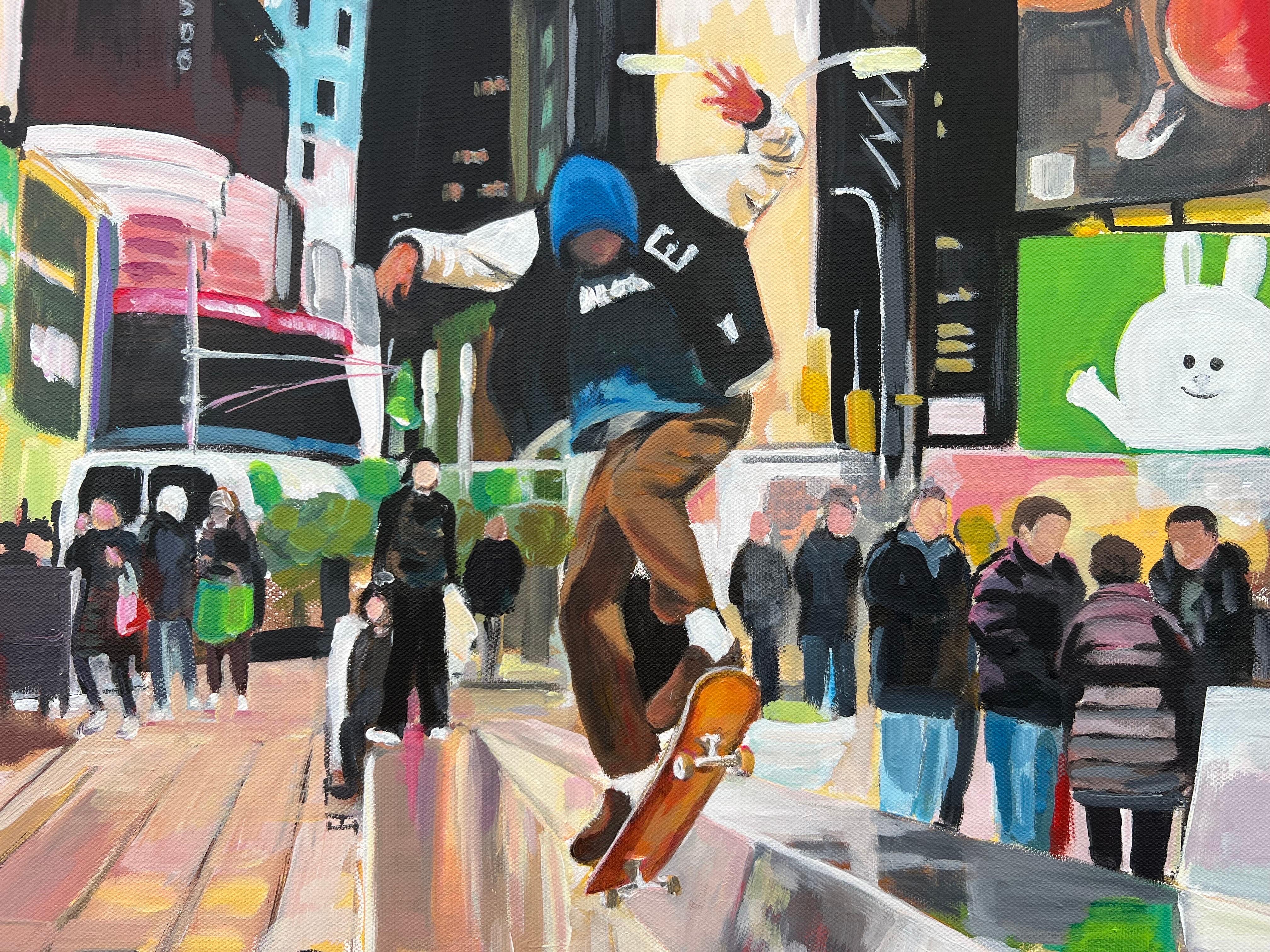 Skate Boarder Times Square New York City après la pluie d'un artiste urbain britannique - Contemporain Painting par Angela Wakefield