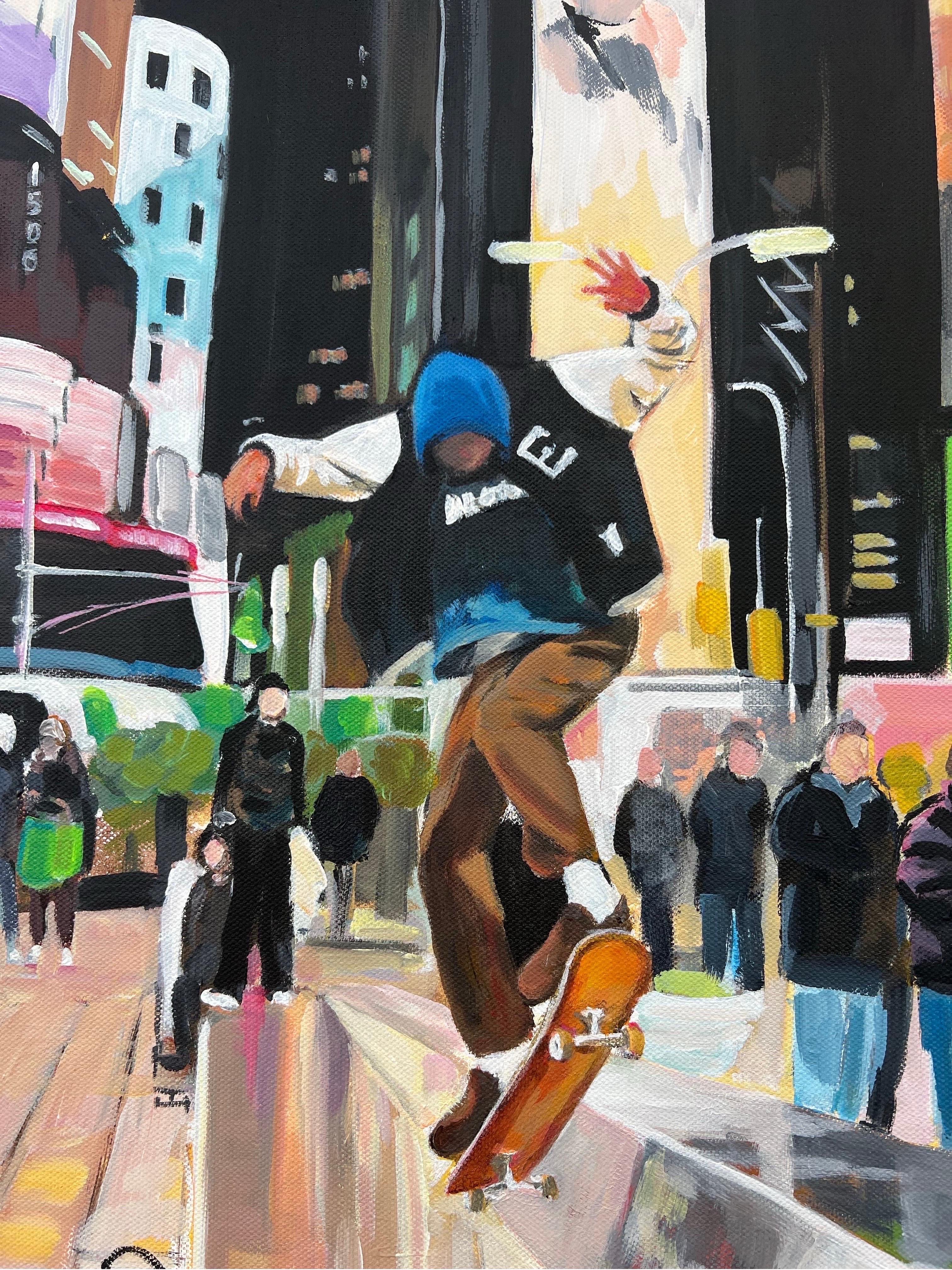 Skate Boarder Times Square New York City après la pluie d'un artiste urbain britannique en vente 4