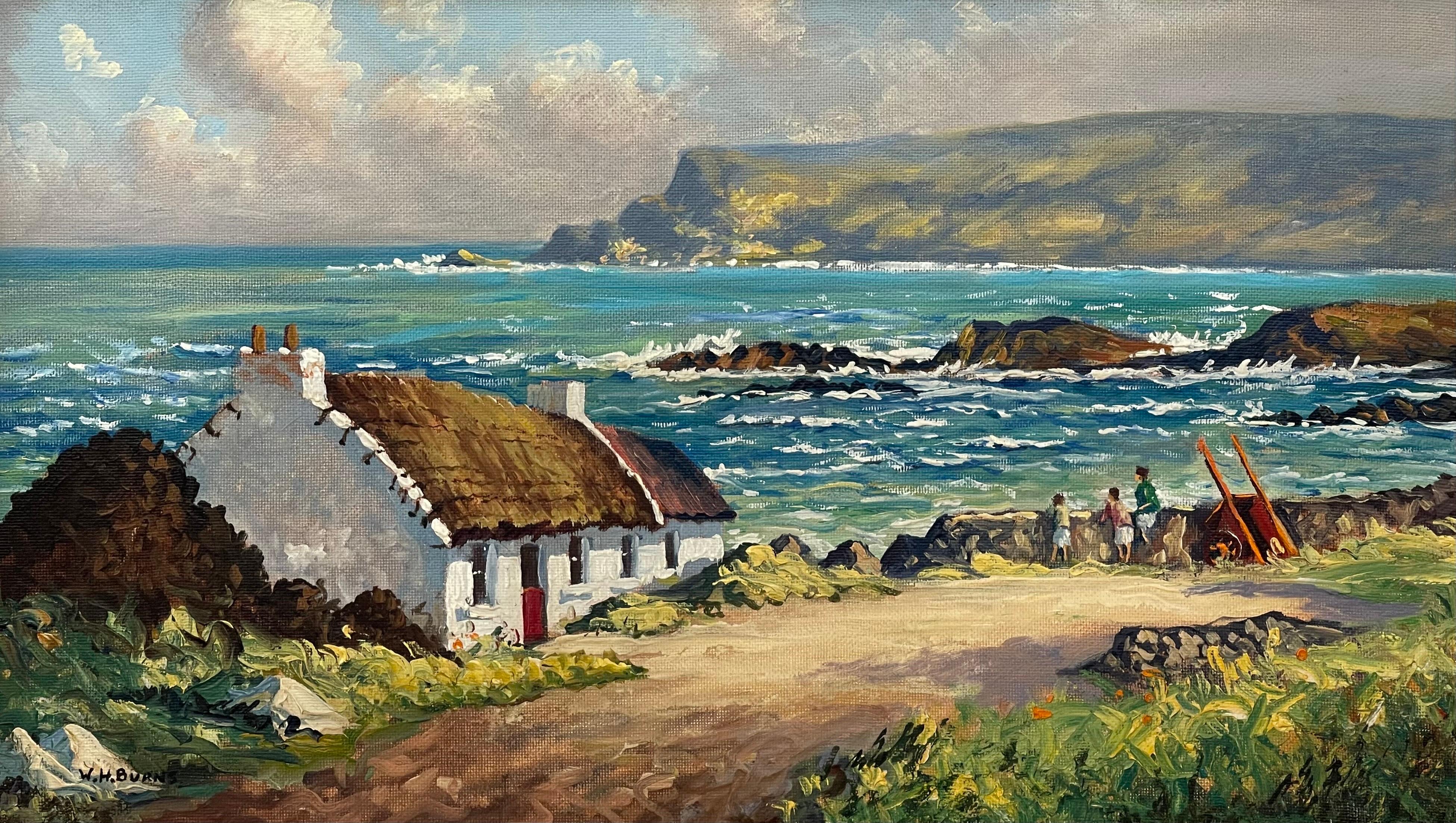 William Henry Burns Figurative Painting - Oil Painting of Coastal Scene with Cottage at Glen Head Ireland by Irish Artist