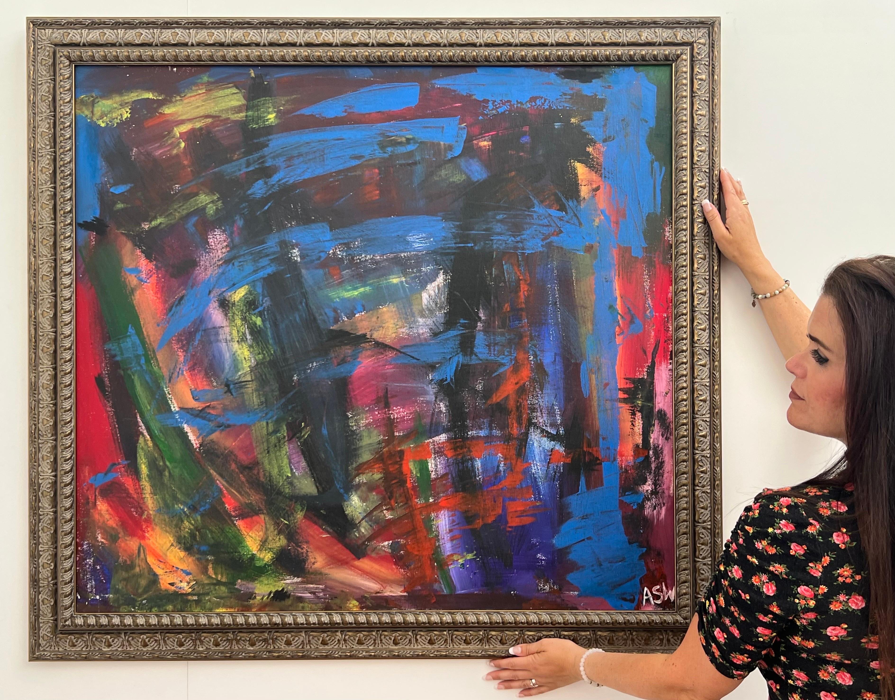 Abstrakt-expressionistisches Gemälde des britischen zeitgenössischen Künstlers in Blau, Rot und Grün – Painting von Angela Wakefield