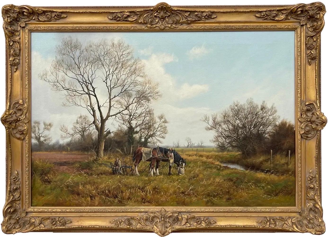 James Wright Animal Painting – Gemälde einer englischen Landschaft mit Pferden und Pflug von einem modernen britischen Künstler