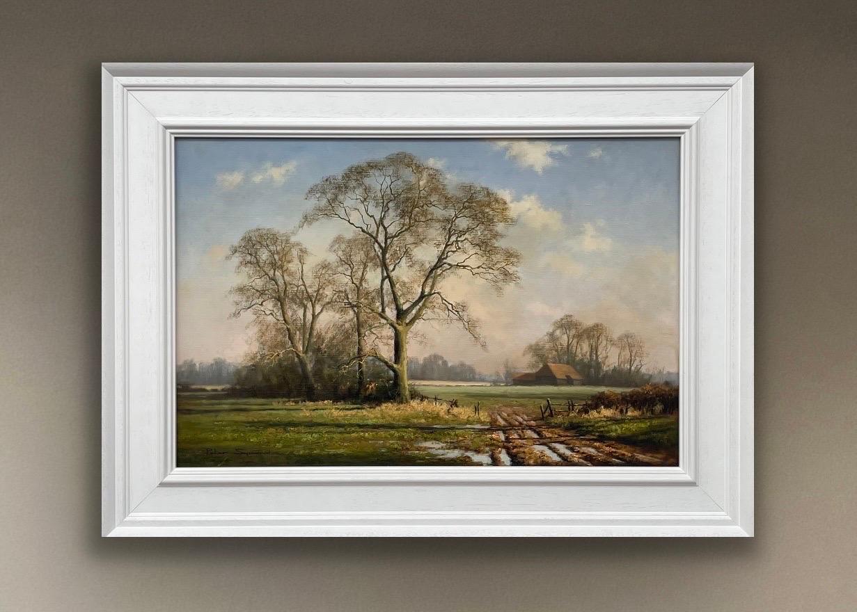 Peinture à l'huile d'une scène d'hiver rurale avec des arbres de chêne en Angleterre par un artiste britannique - Territoire Painting par Peter Symonds