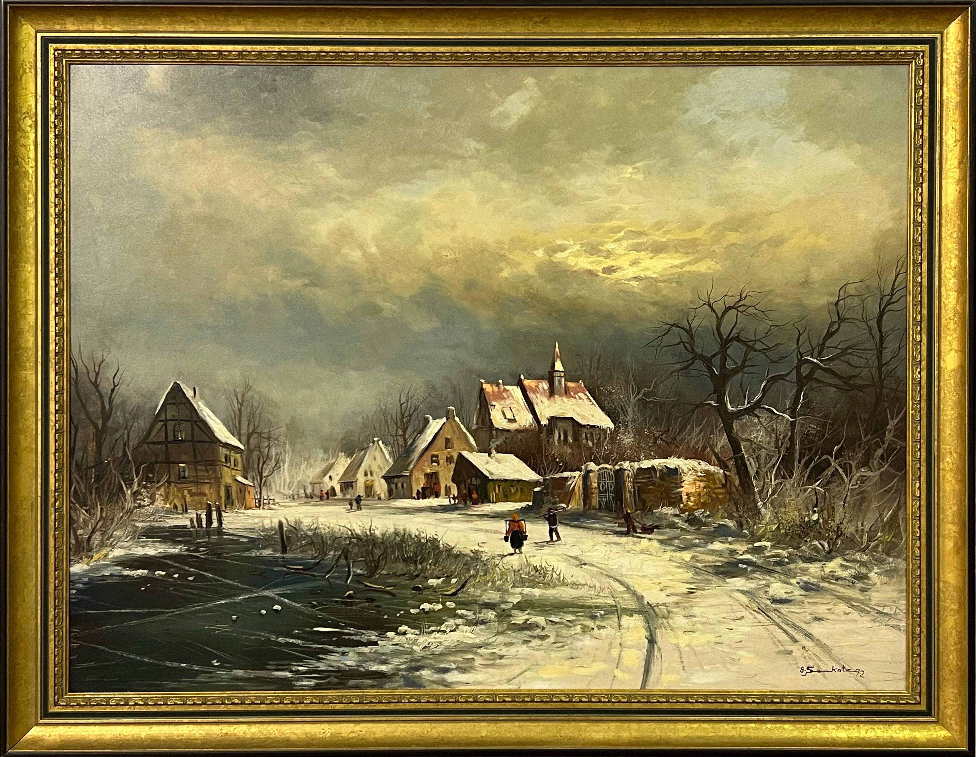 Gunter Seekatz Figurative Painting - European Village in Winter Snow with Figures & Frozen Pond by German Artist