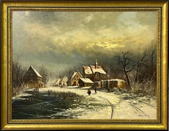 European Village in Winter Snow with Figures & Frozen Pond by German Artist