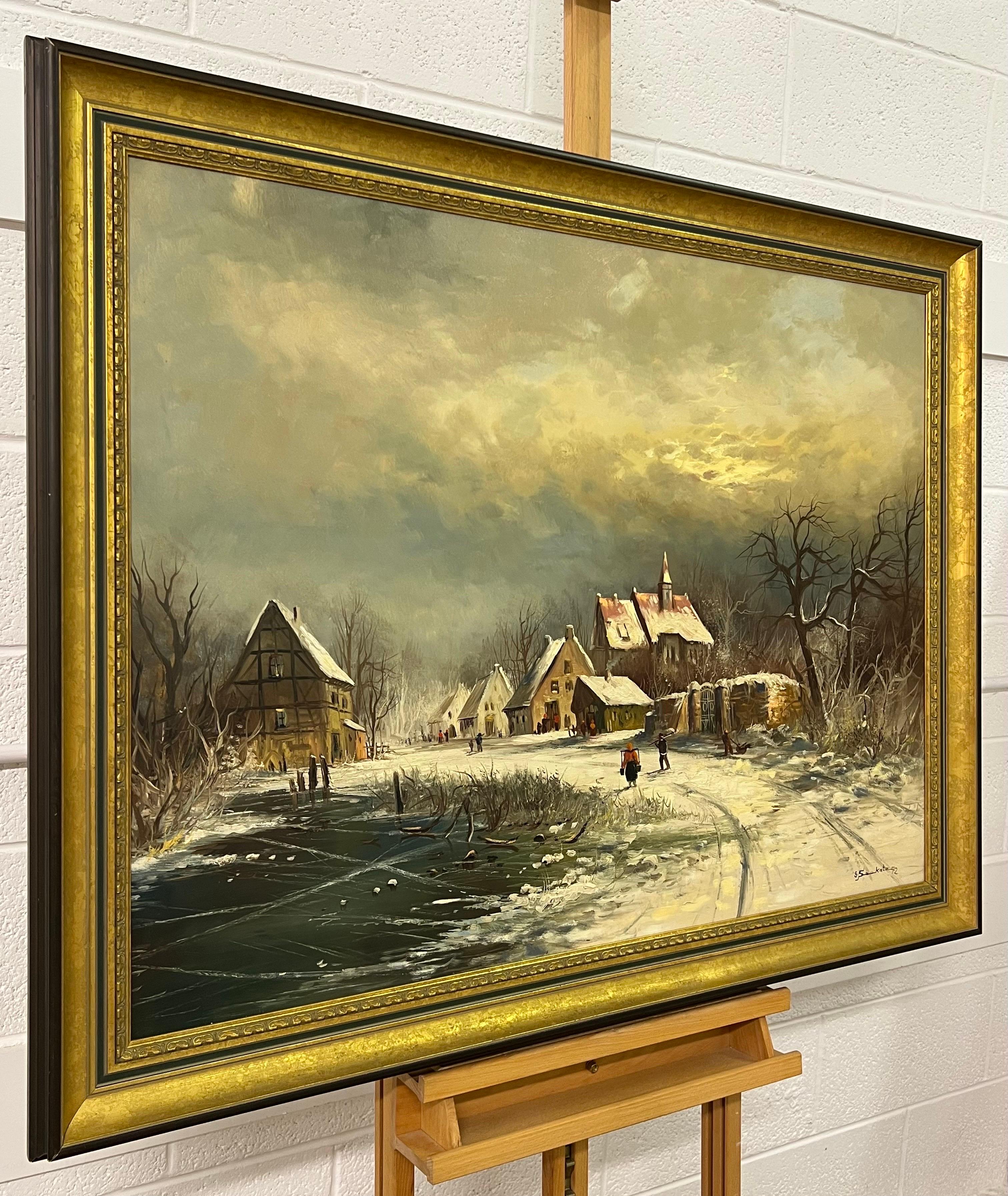 European Village in Winter Snow with Figures & Frozen Pond by German Artist - Painting by Gunter Seekatz