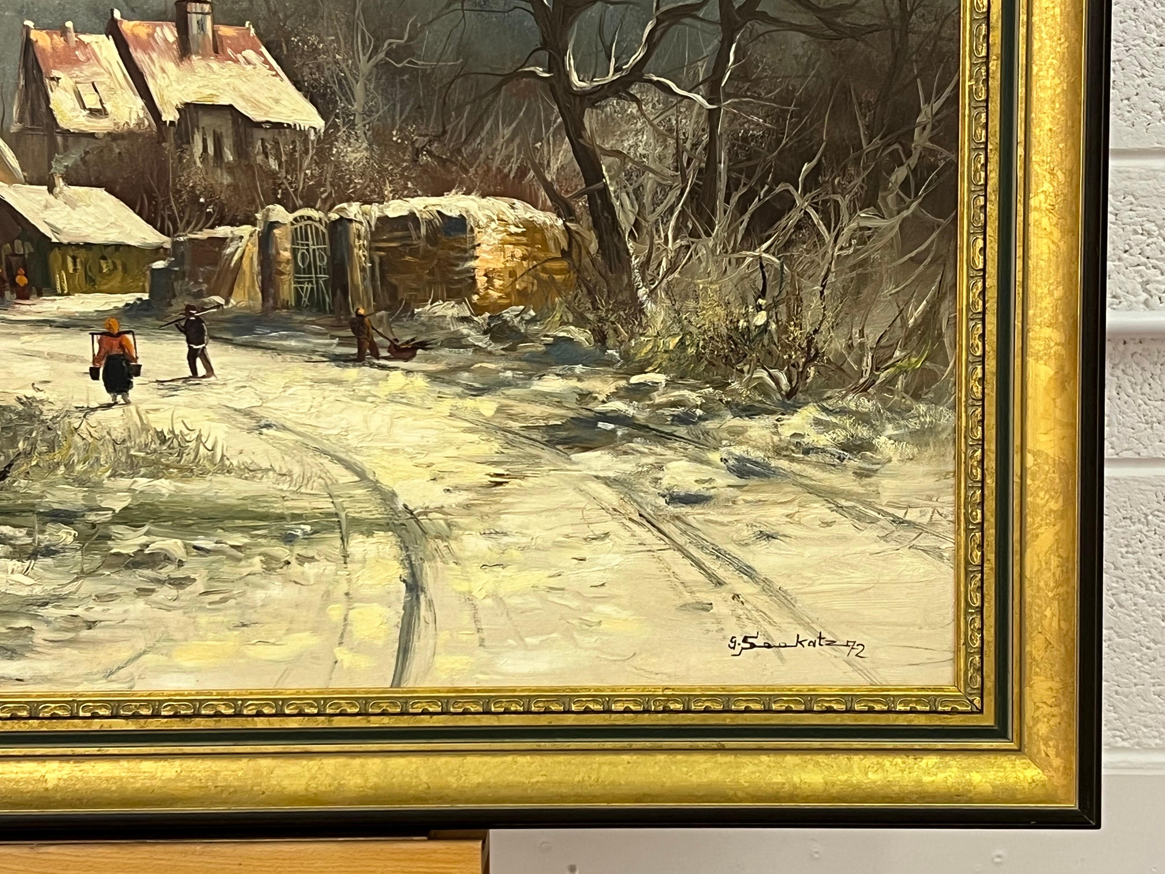 European Village in Winter Snow with Figures & Frozen Pond by 20th Century German Artist, Gunter Seekatz. This is a large painting measuring almost 4 feet wide. 

Art measures 40 x 29.5 inches 
Frame measures 46 x 35 inches 

Gunter Seekatz (German,