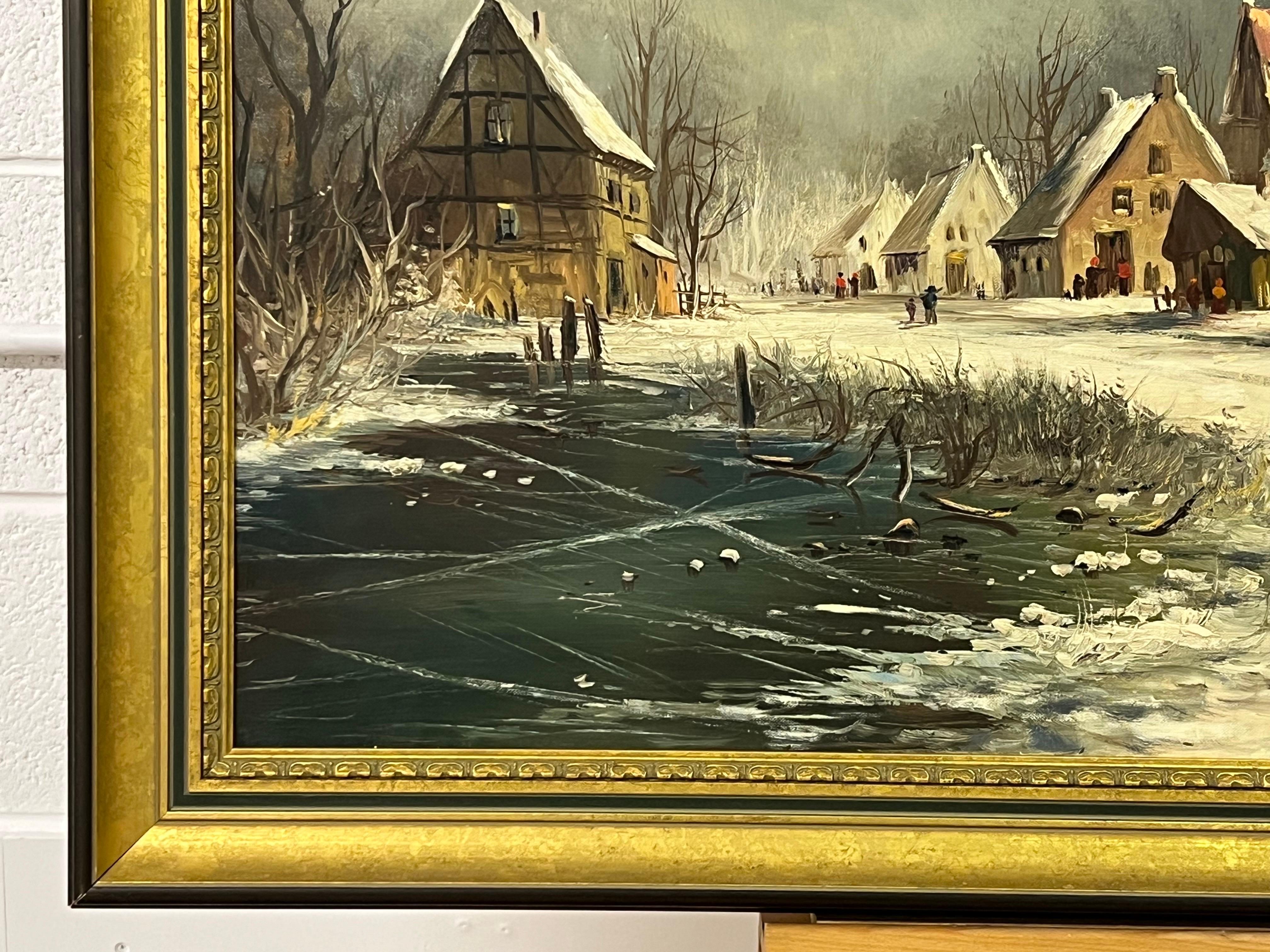 European Village in Winter Snow with Figures & Frozen Pond by German Artist For Sale 1