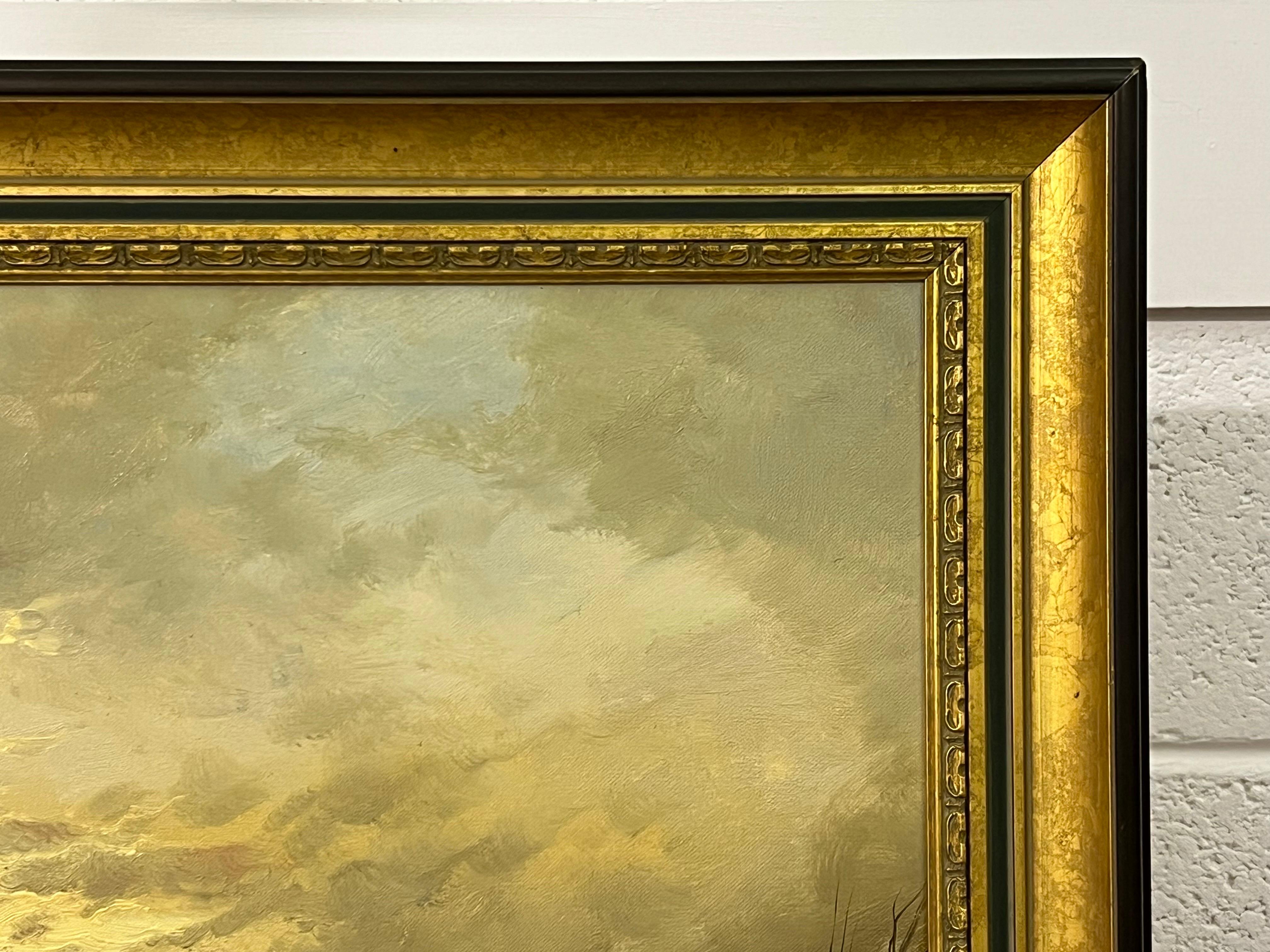 Pueblo europeo nevado en invierno con figuras y estanque helado por German artist en venta 3