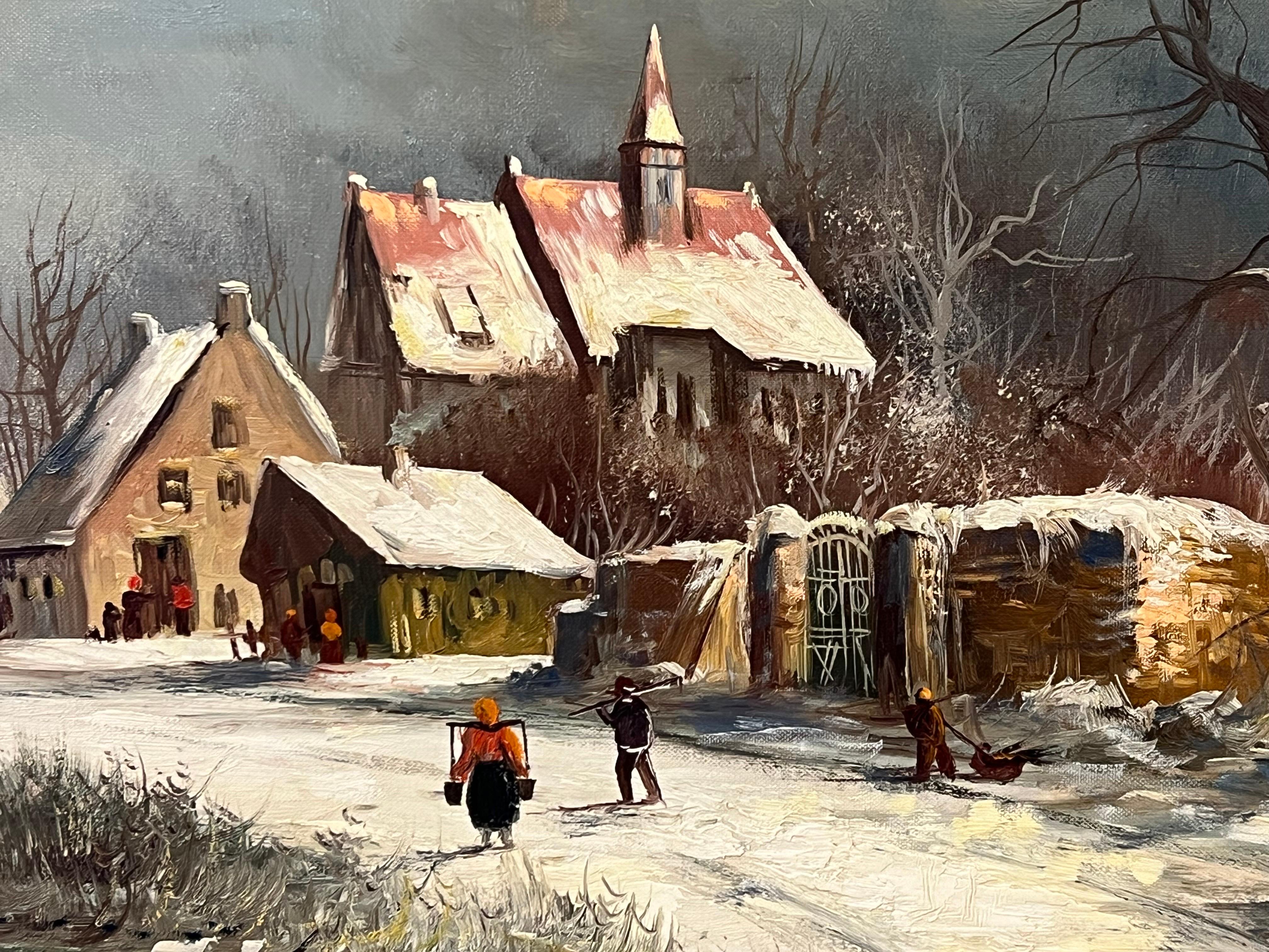 European Village in Winter Snow with Figures & Frozen Pond by German Artist For Sale 5