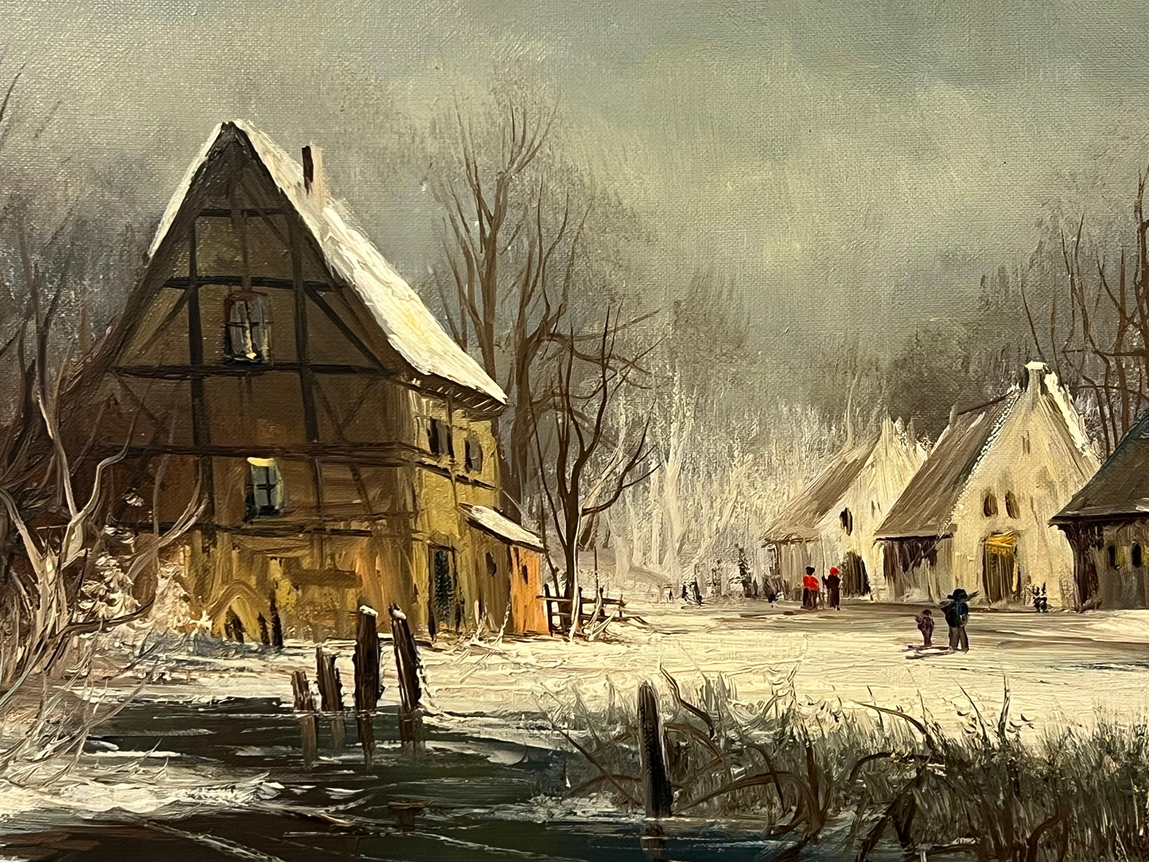 European Village in Winter Snow with Figures & Frozen Pond by German Artist For Sale 6