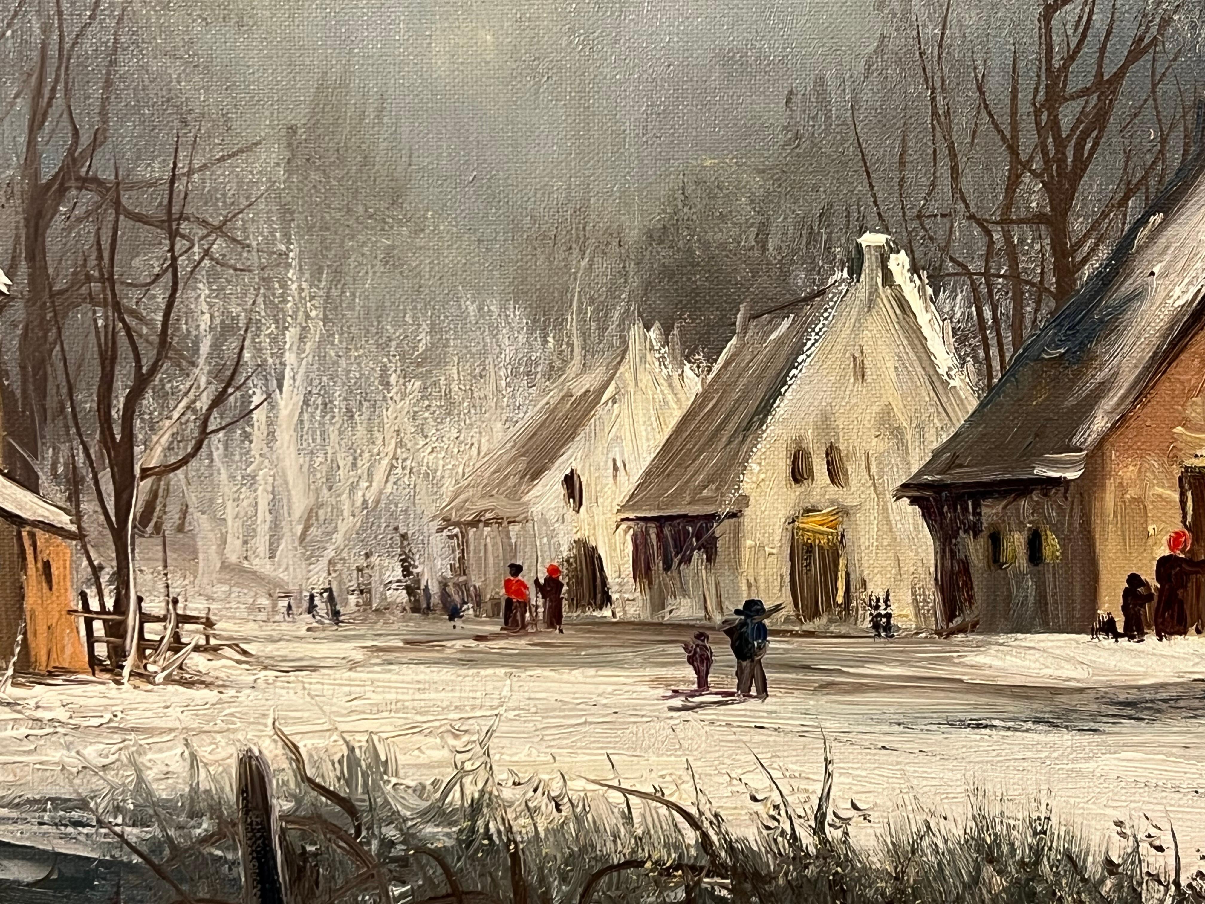 European Village in Winter Snow with Figures & Frozen Pond by German Artist For Sale 7