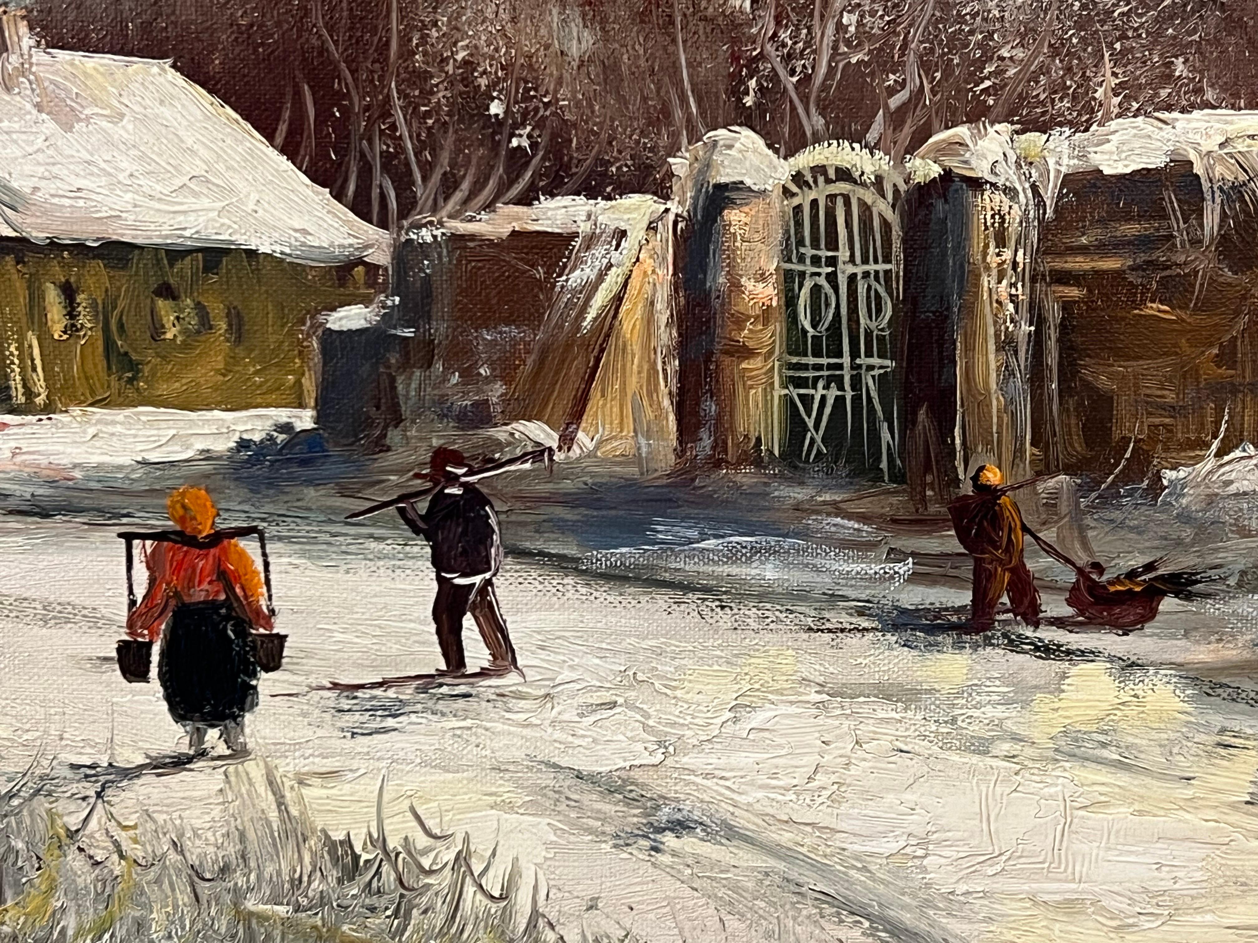 European Village in Winter Snow with Figures & Frozen Pond by German Artist For Sale 9