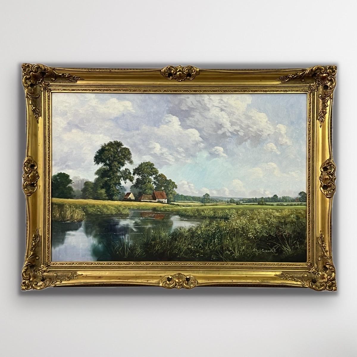 Farmhouse by a River in the English Countryside by 20th Century British Artist - Painting by Peter J Greenhill