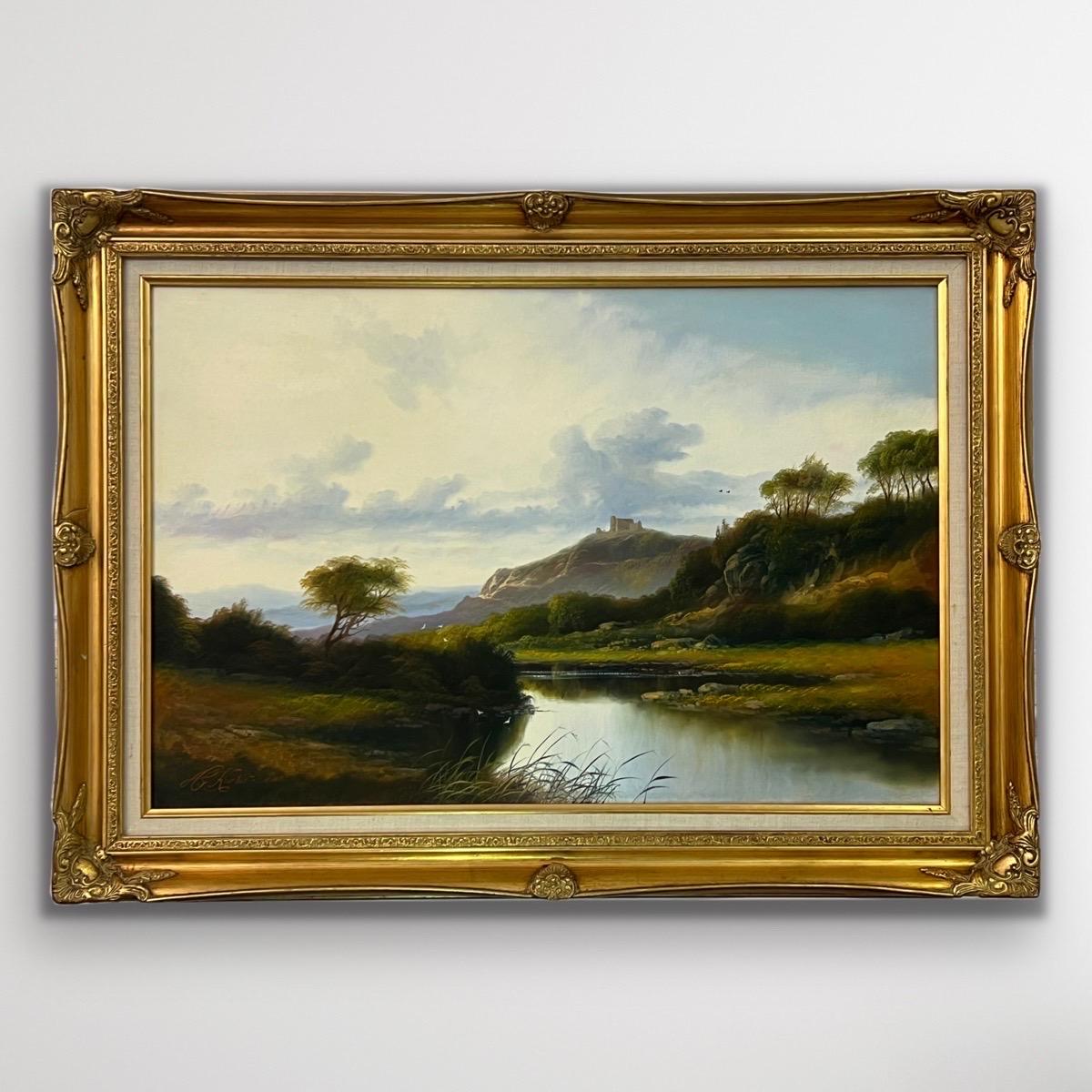 Mountain Lake in Spring, Ölgemälde der schottischen Highlands des britischen Künstlers – Painting von Andrew Grant Kurtis