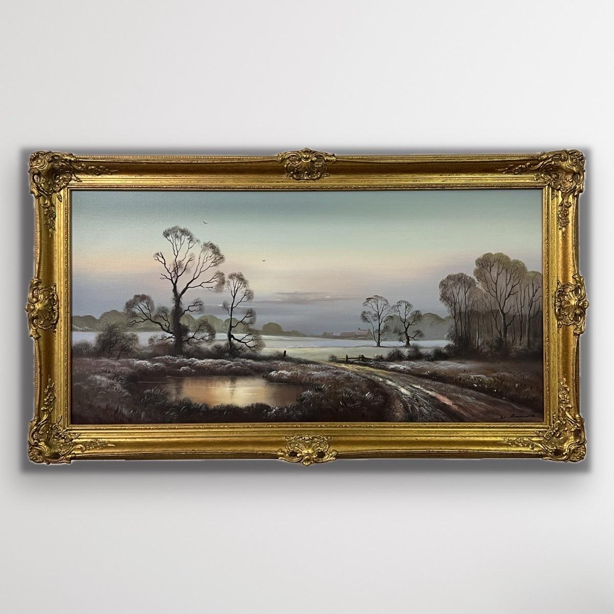 Nebbia invernale in una fattoria nella campagna inglese, opera di un artista britannico del XX secolo - Painting di Wendy Reeves
