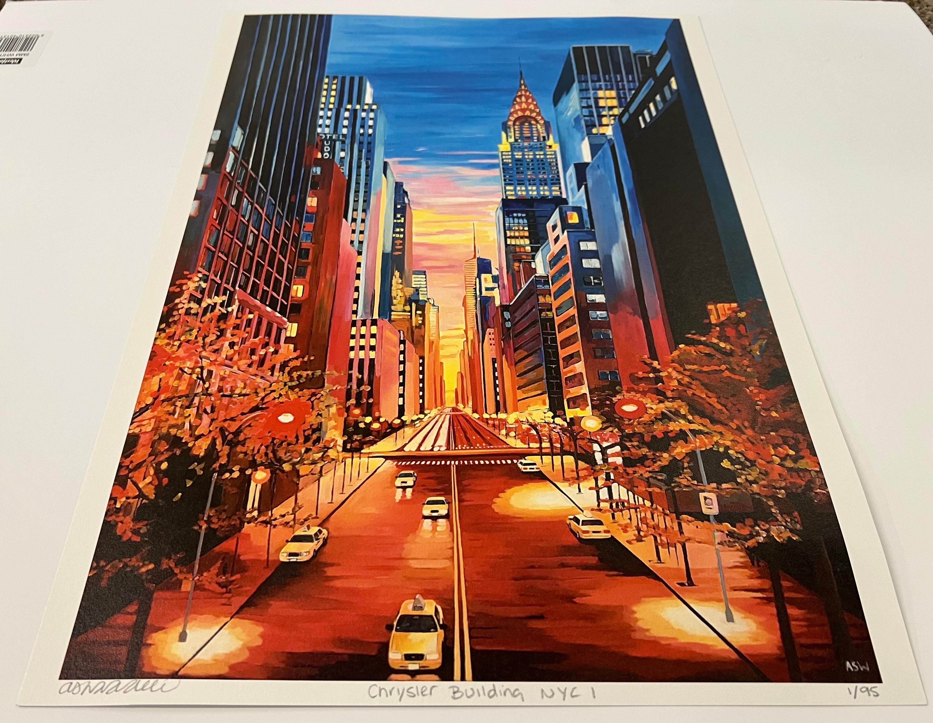 Limited Edition Print of Chrysler Building New York City NYC by Contemporary British Artist, Angela Wakefield. This is a striking, colourful and vibrant depiction of the Chrysler Building on 42nd Street in New York City with a dramatic sunset.