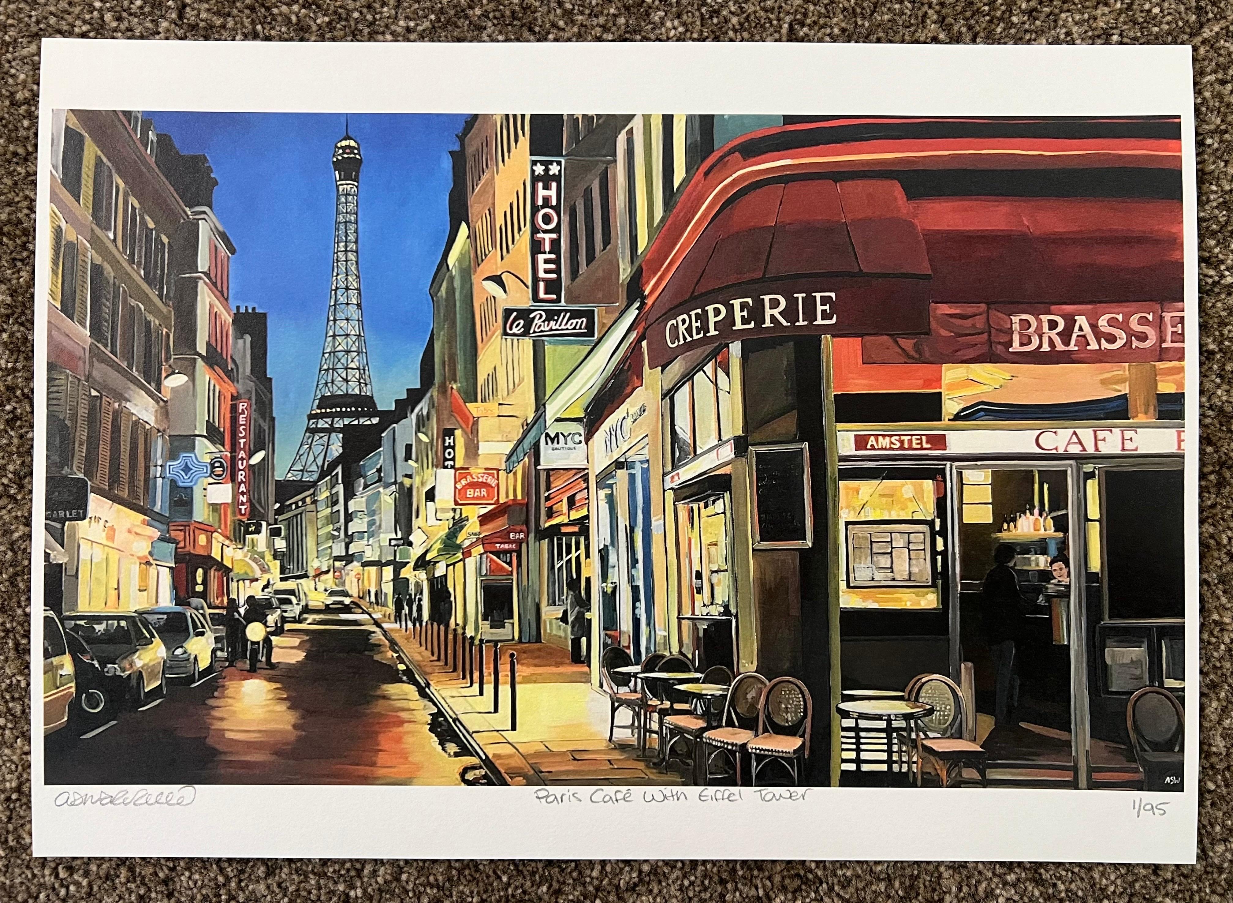 Café de Paris avec la Tour Eiffel France Impression en édition limitée par un artiste britannique en vente 1