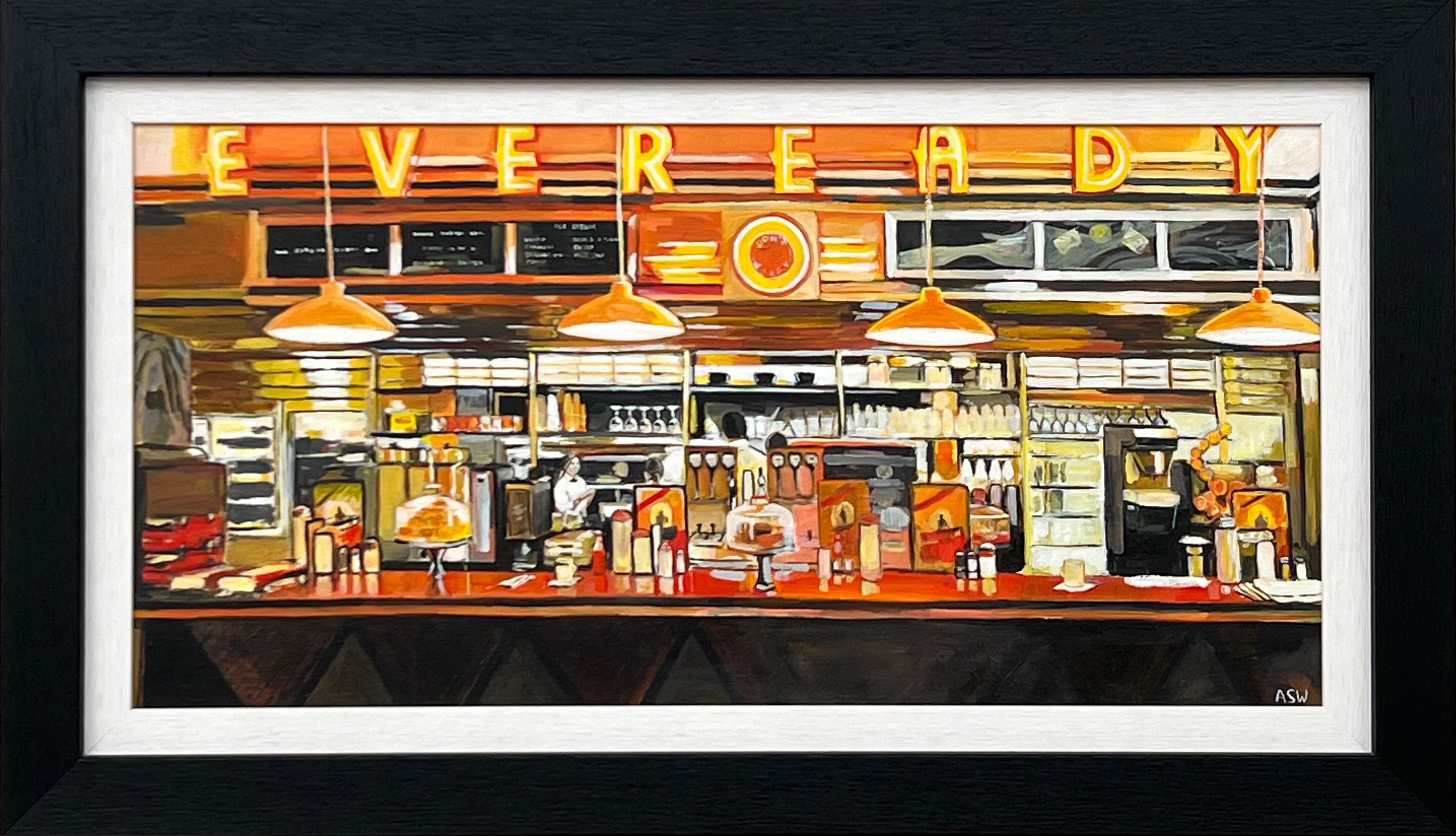 Angela Wakefield Interior Painting – Amerikanisches Diner-Stillleben des führenden britischen Stadtlandschaftskünstlers