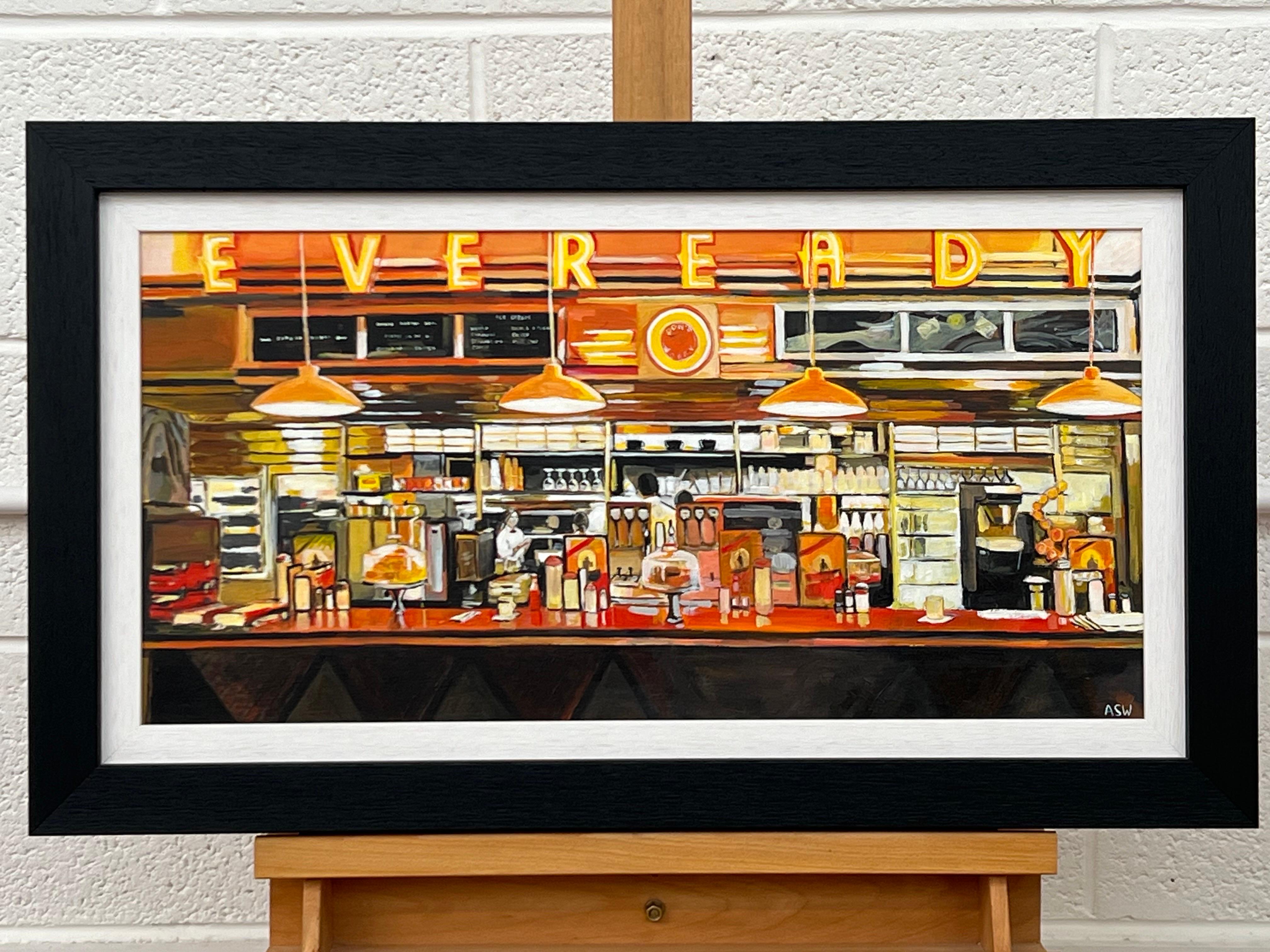 Amerikanisches Diner-Stillleben des führenden britischen Stadtlandschaftskünstlers (Zeitgenössisch), Painting, von Angela Wakefield