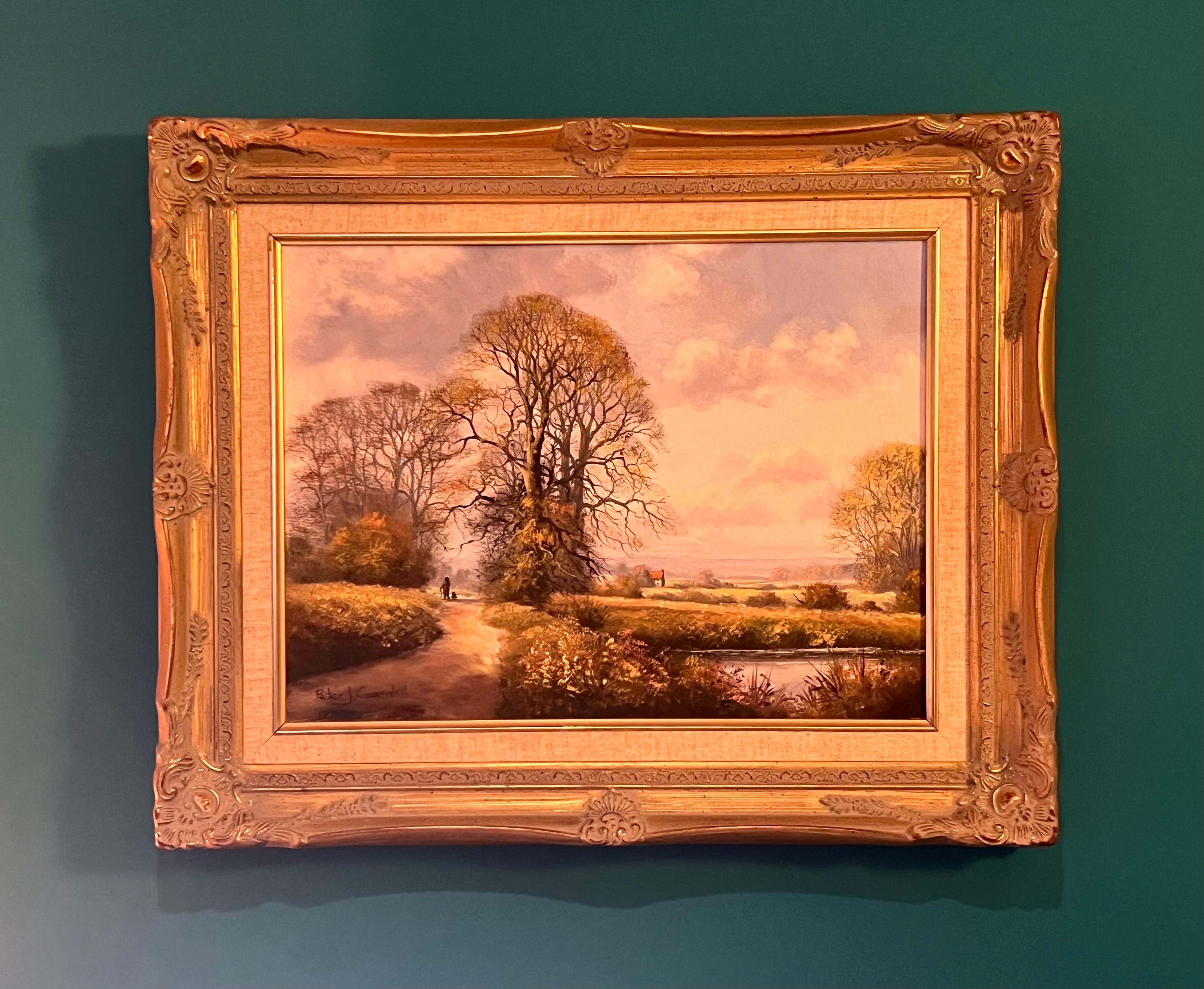 Bauernhaus an einem Fluss in der englischen Landschaft des 20. Jahrhunderts des britischen Künstlers – Painting von Peter J Greenhill
