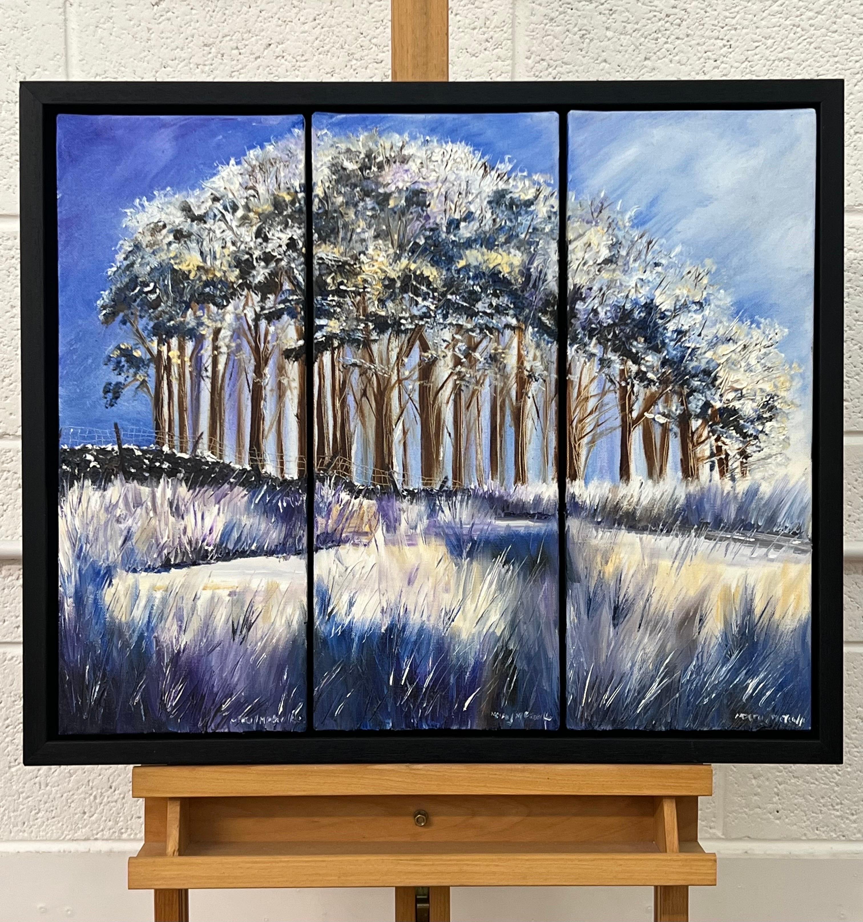 Winter Trees in the Yorkshire Dales Sunshine - Abstraktes Landschaftsbild Ölgemälde von britischem Künstler 

Kunstwerke im Format 24 x 18 (Triptychon aus drei 8 x 18 Zoll großen Leinwänden) 
Rahmen misst 26 x 22 Zoll 

Die britische Künstlerin