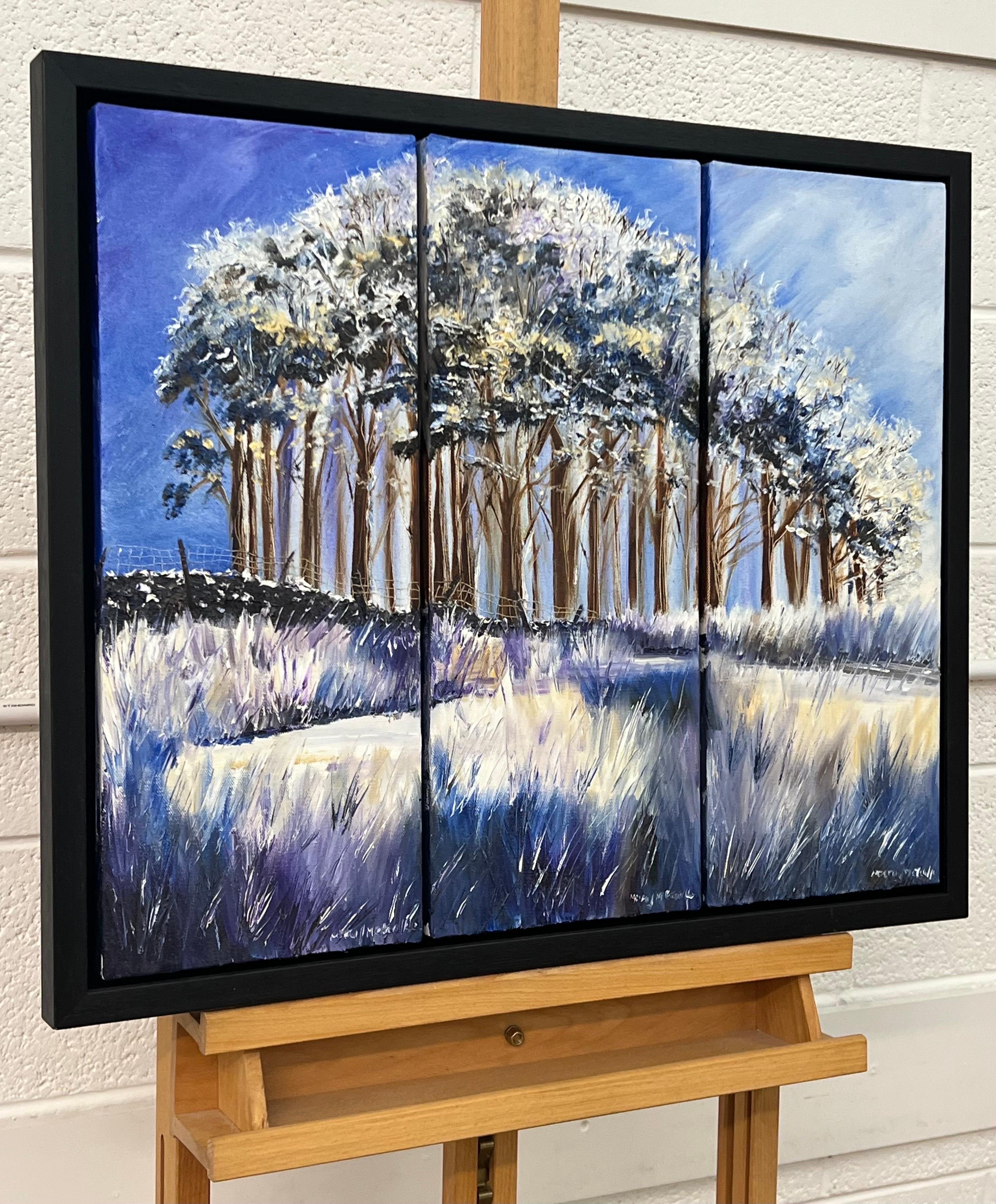 Winter Trees in the Yorkshire Dales Sunshine - Abstract Landscape Oil Painting by British Artist 

Art measures 24 x 18 (triptych of three 8 x 18 inch canvasses) 
Frame measures 26 x 22 inches 

Using blues, lilacs and whites, this is an abstracted