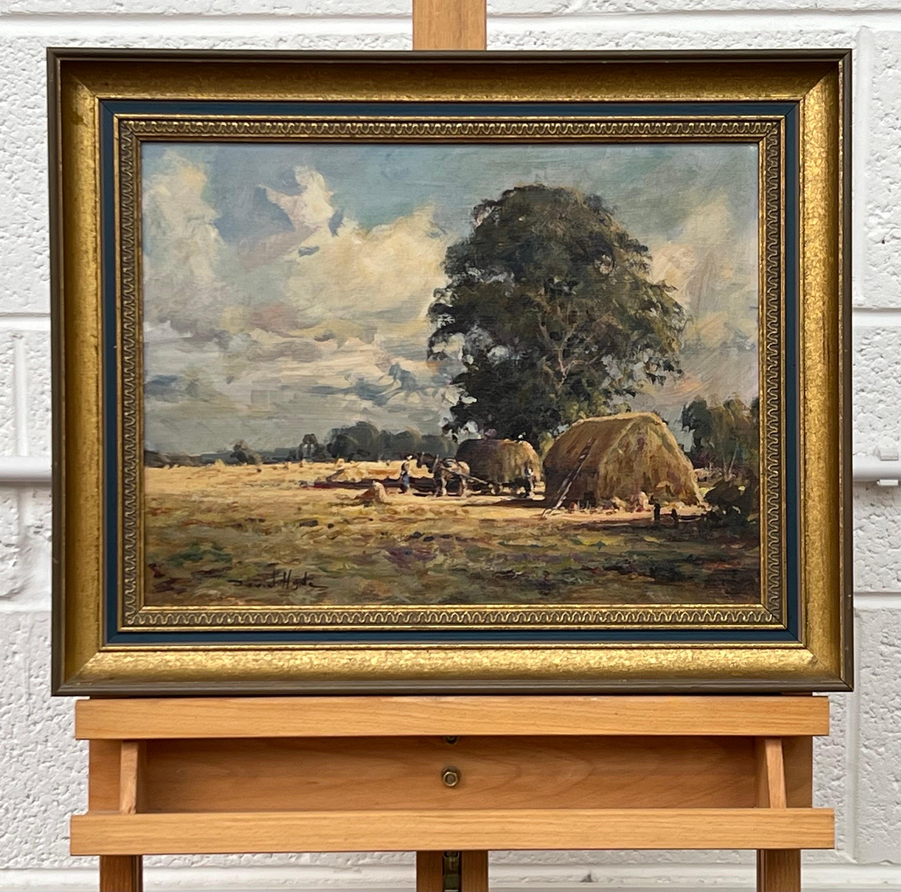 Englische Ernte – Impressionistisches Vintage-Landschaftsgemälde mit Pferden und Figuren (Impressionismus), Painting, von David Hyde