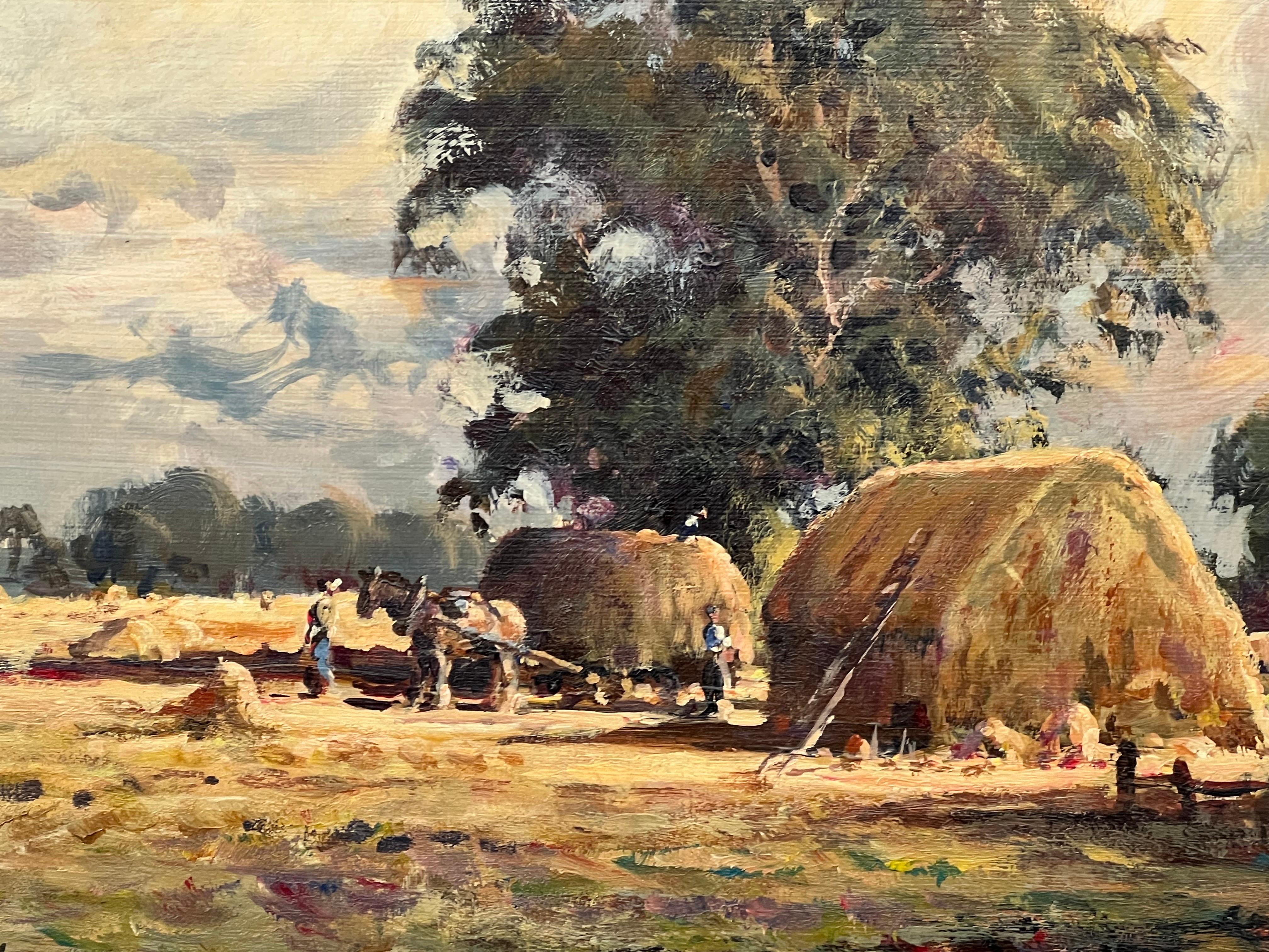La moisson anglaise - Peinture de paysage impressionniste vintage avec chevaux et personnages en vente 1