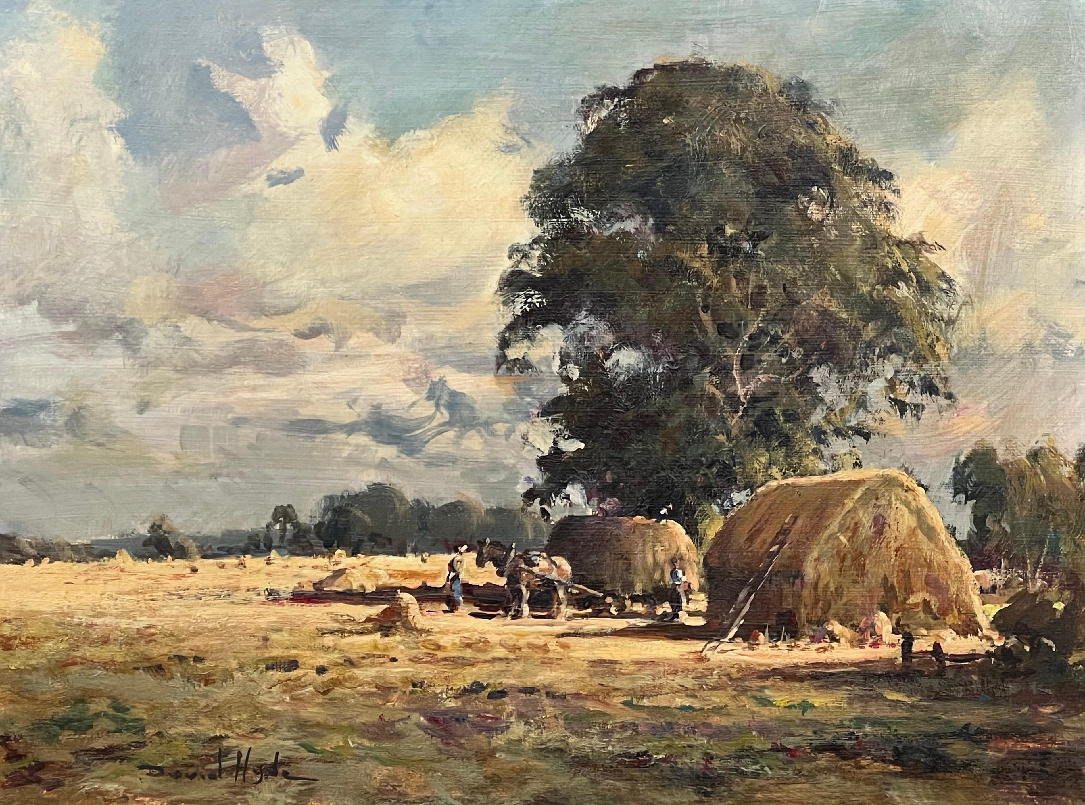 La moisson anglaise - Peinture de paysage impressionniste vintage avec chevaux et personnages en vente 1