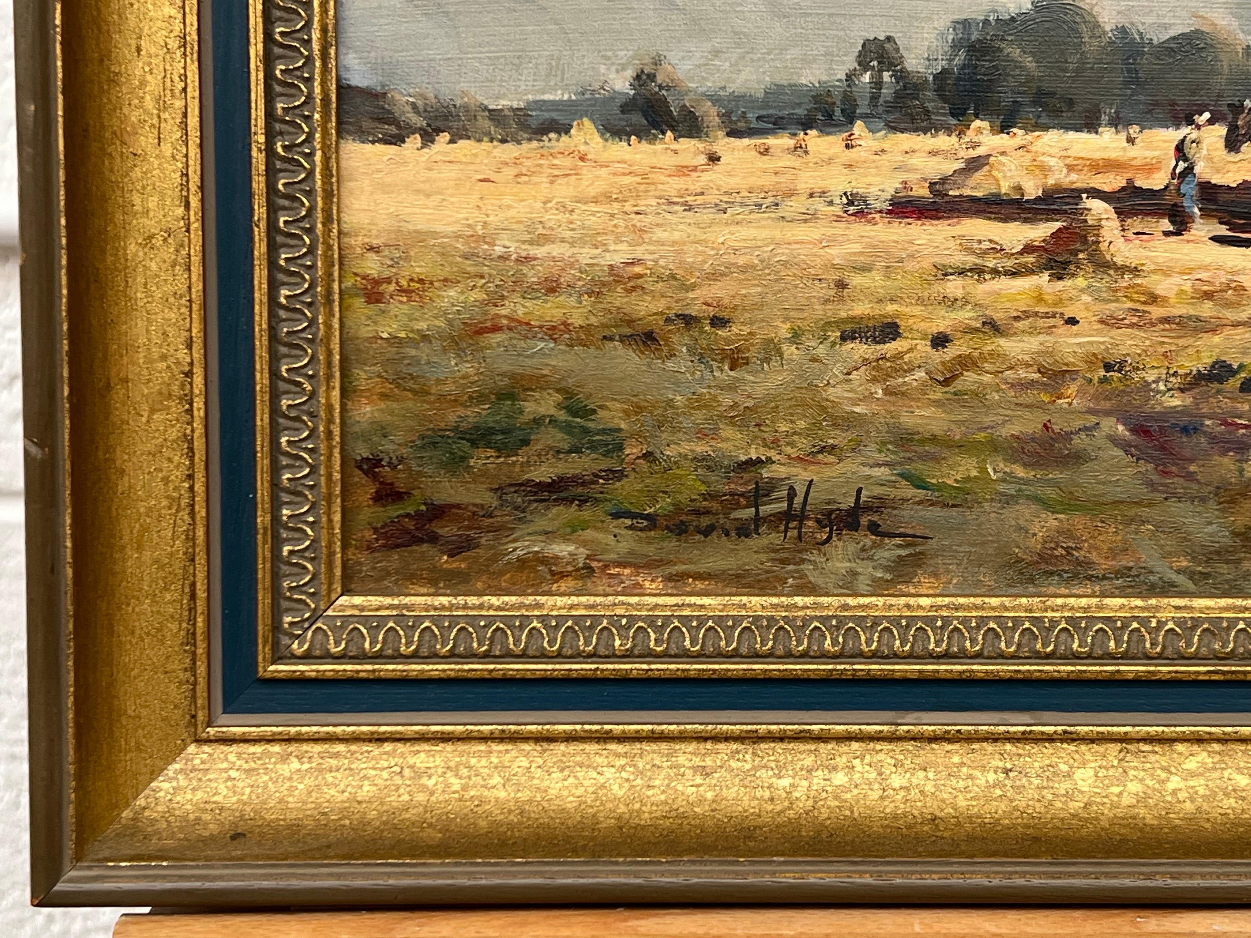 English Harvest - Vintage Impressionist Landscape Painting with Horses & Figures For Sale 6