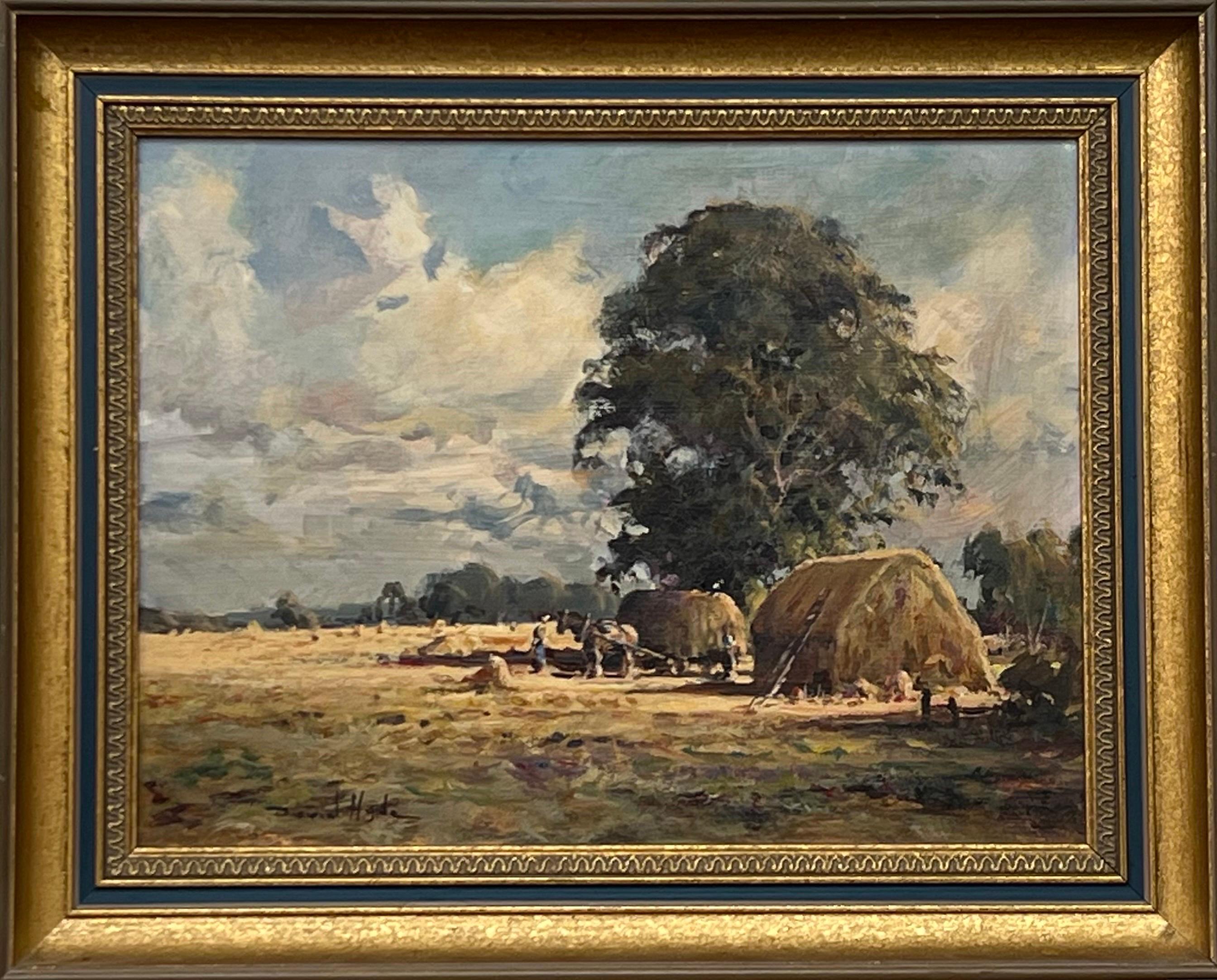 David Hyde Figurative Painting - English Harvest - Vintage Impressionist Landscape Painting with Horses & Figures