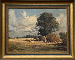 English Harvest - Vintage Impressionist Landscape Painting with Horses & Figures