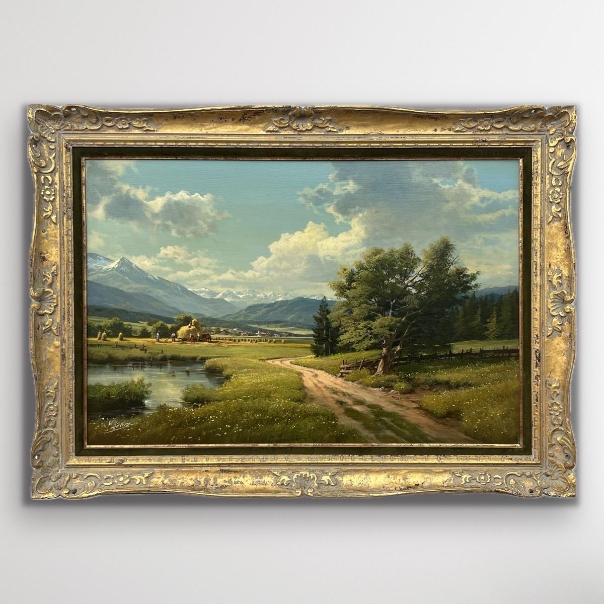 Alpine Haymaking, realistisches Ölgemälde des deutschen Landschaftsmalers, 20. Jahrhunderts  – Painting von Wolfgang Heinz