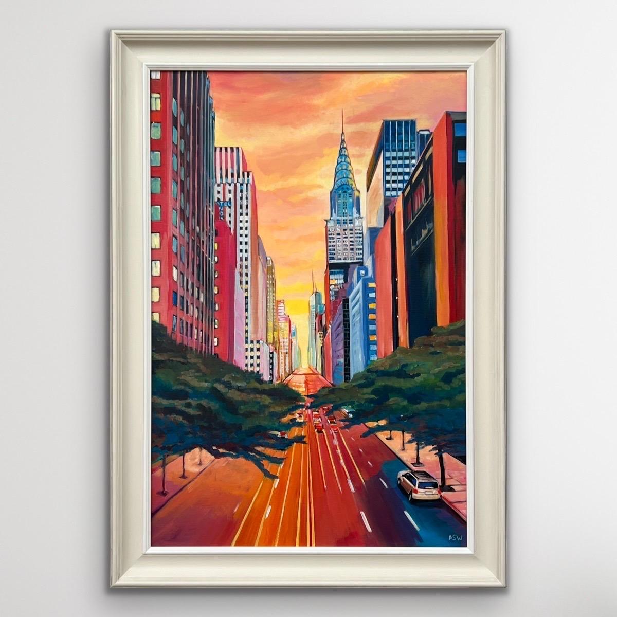 Painting of the Chrysler Building 42nd Street New York City by Contemporary British Artist, Angela Wakefield. Painted using warm golden oranges, reds and yellows - capturing the dramatic Manhattan Henge sunset. 

Art measures 24 x 36 inches 
Frame